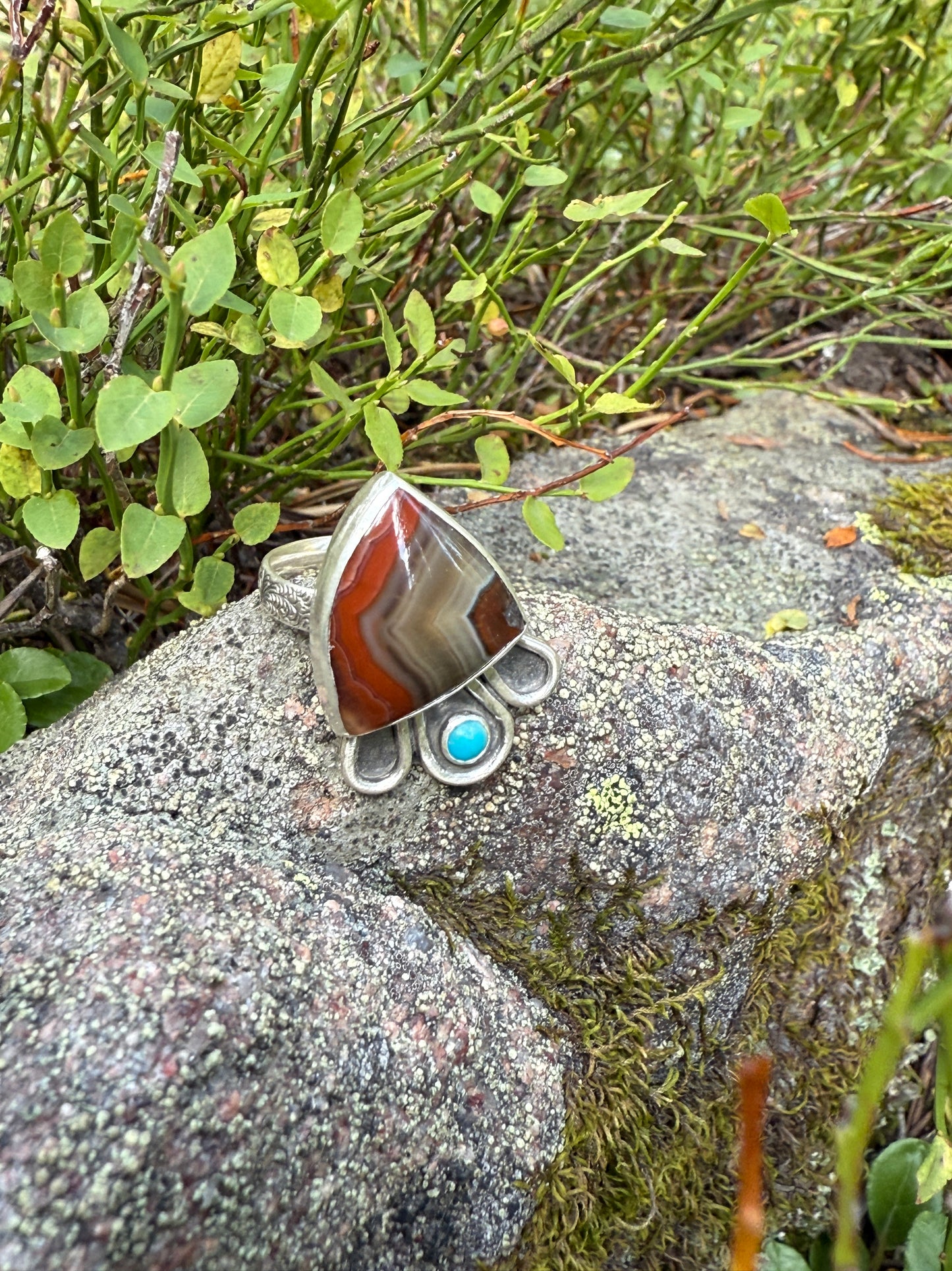 Desert Canyon Ring: Sterling Silver & Banded Agate & Kingman Turquoise - size 7.25