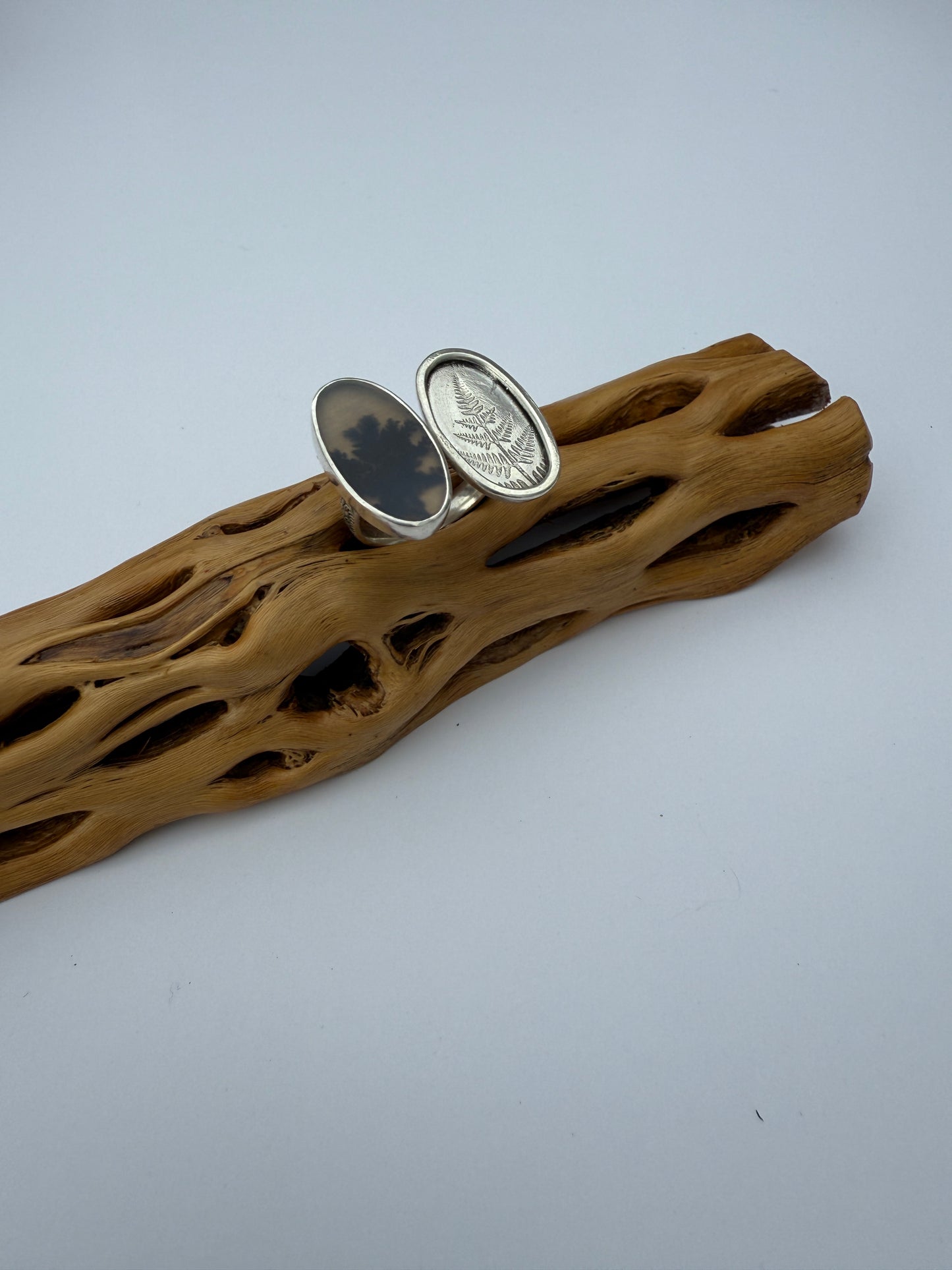 Day and Night Forest Veil Ring: Sterling Silver & Dendritic Agate & Fern Union - size 6