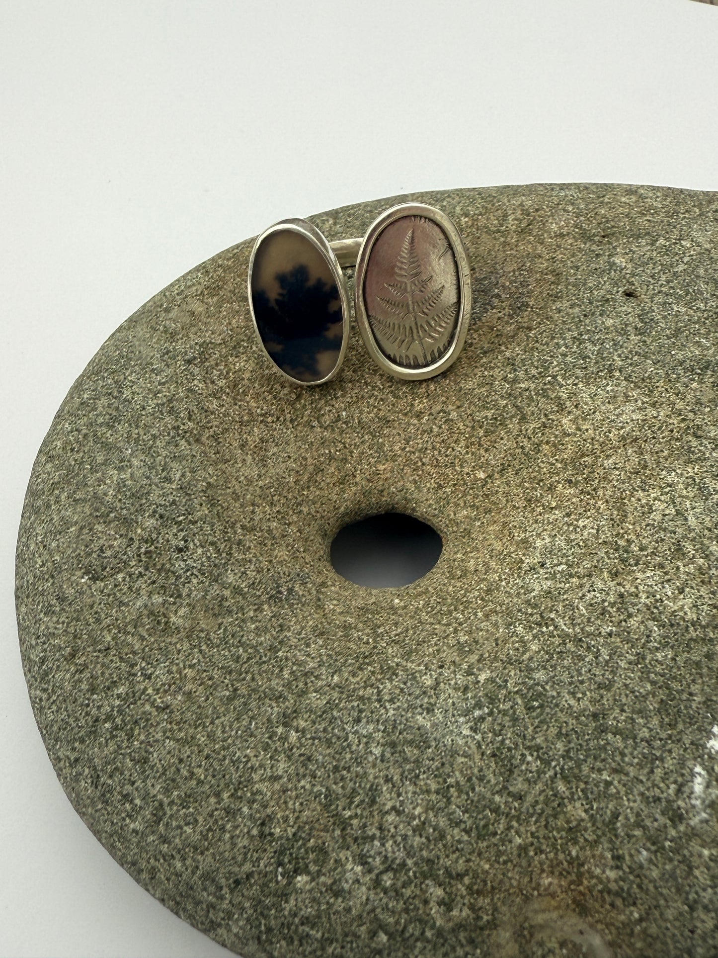 Day and Night Forest Veil Ring: Sterling Silver & Dendritic Agate & Fern Union - size 6
