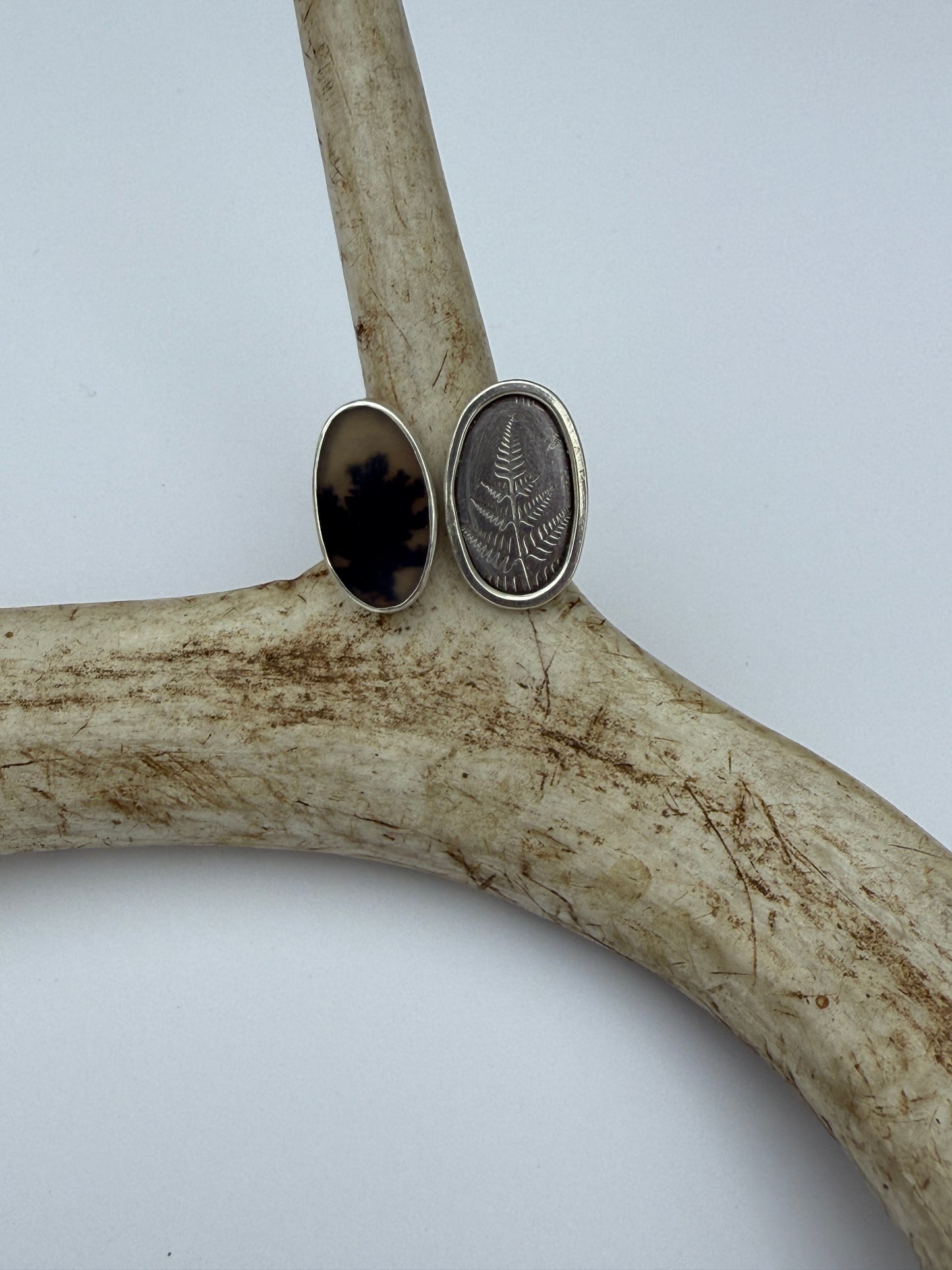 Day and Night Forest Veil Ring: Sterling Silver & Dendritic Agate & Fern Union - size 6