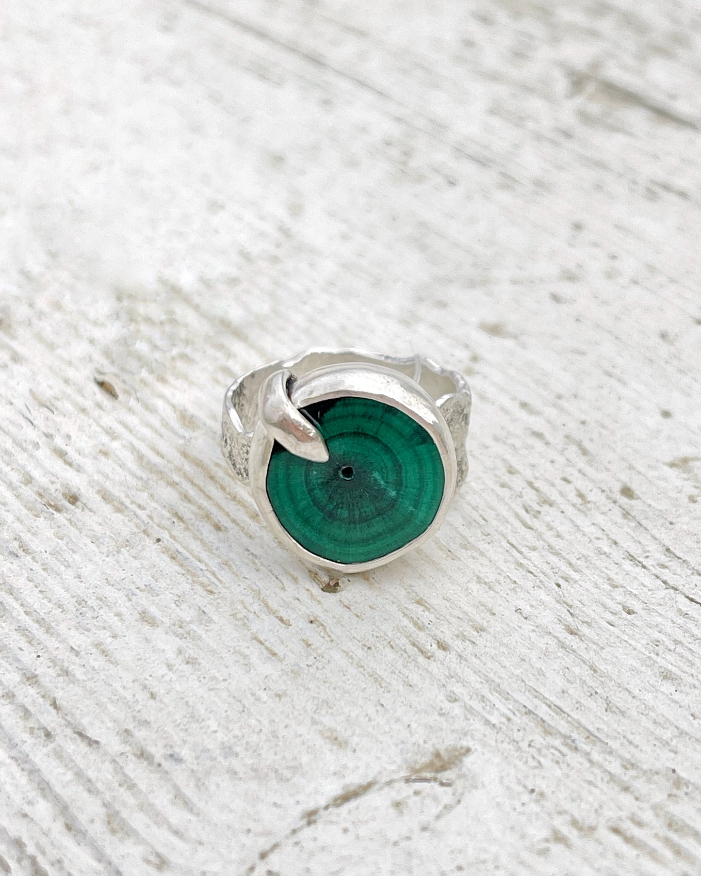 Emerald Earthsong Ring: Sterling Silver & Chatoyant Malachite Stalactite - size 7.25