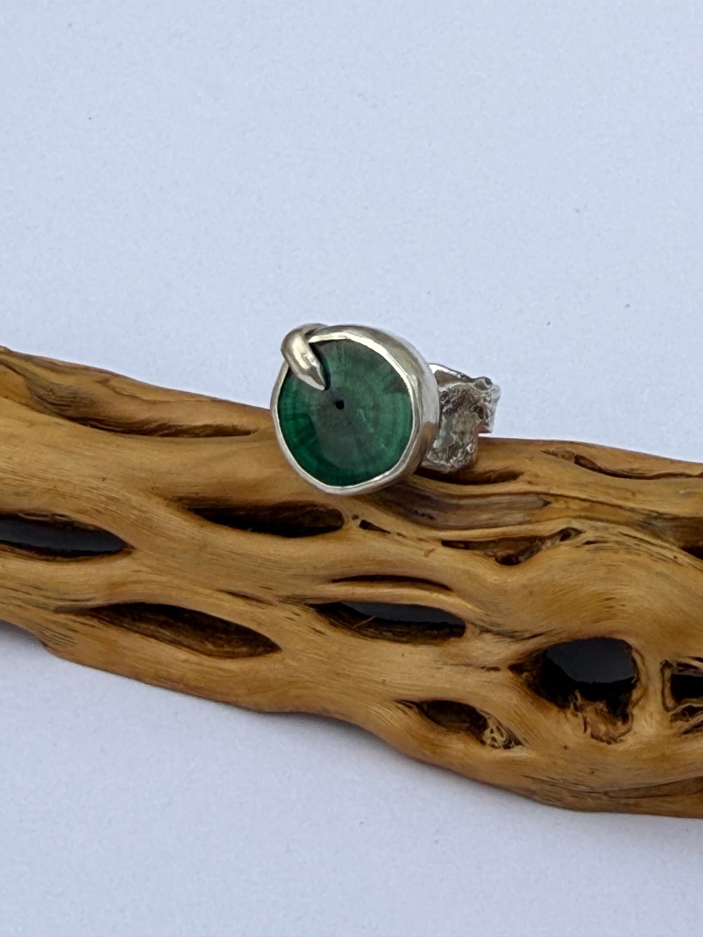 Emerald Earthsong Ring: Sterling Silver & Chatoyant Malachite Stalactite - size 7.25
