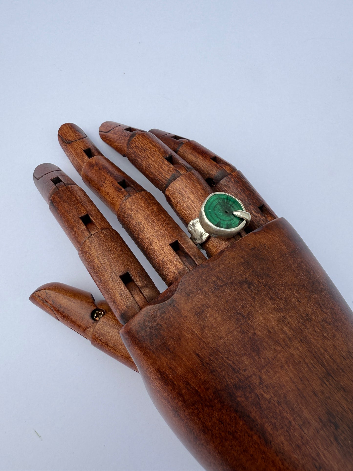Emerald Earthsong Ring: Sterling Silver & Chatoyant Malachite Stalactite - size 7.25