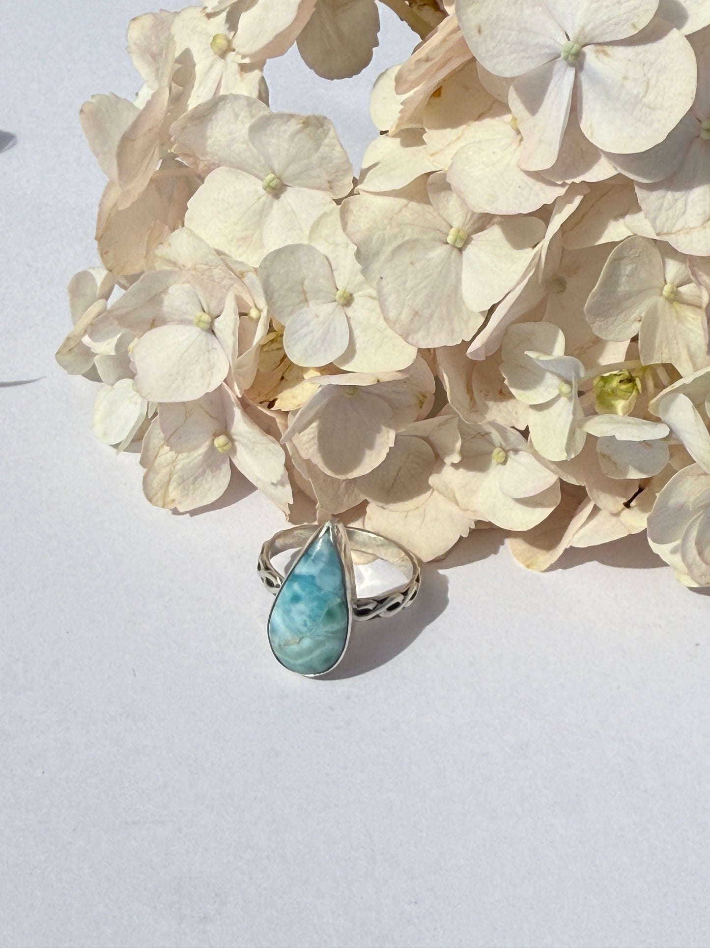 Teardrop Morning Tide Ring: Sterling Silver & Larimar Teardrop - size 8.5