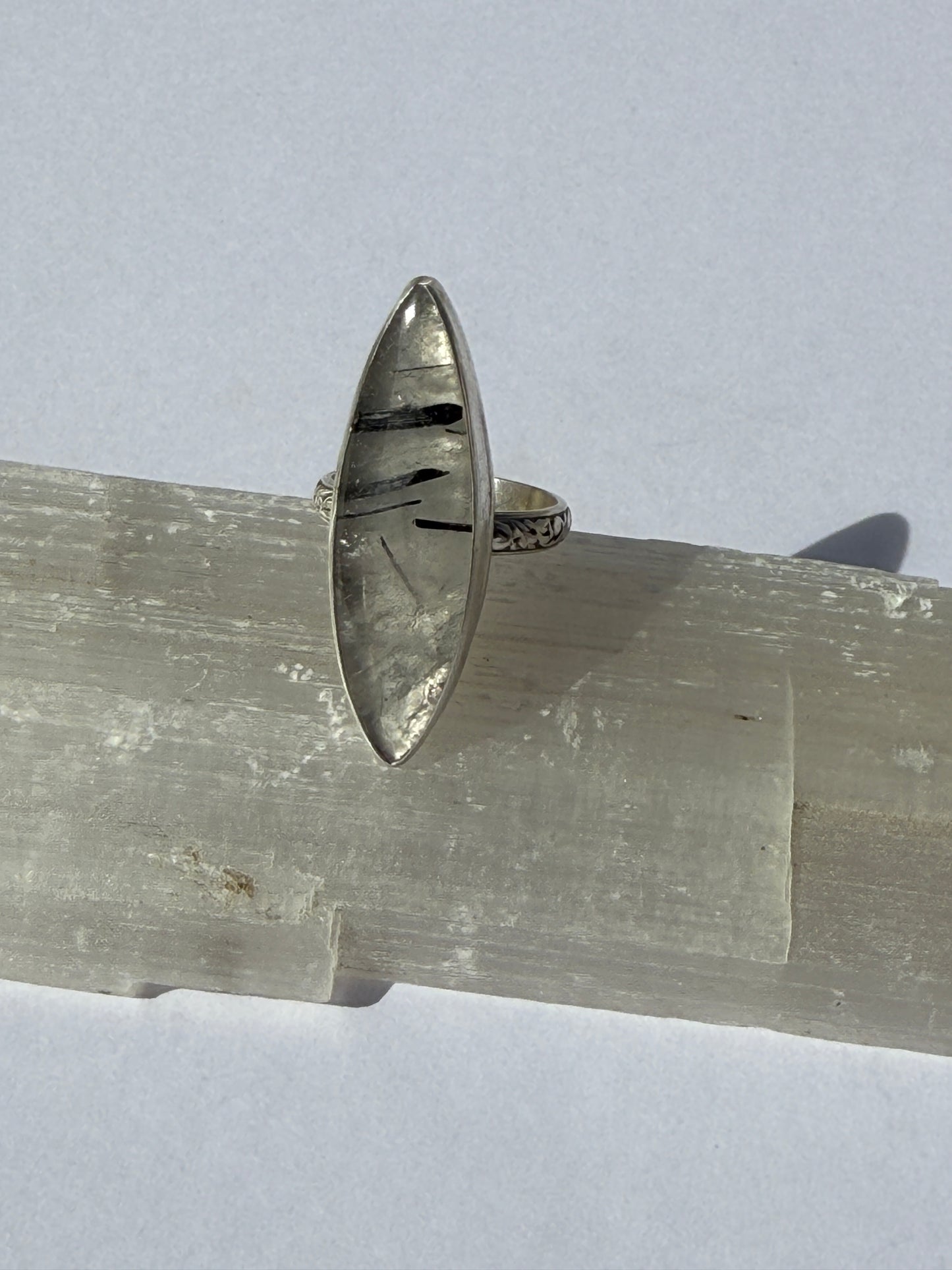 Earthbound Glow Ring: Sterling Silver & Black Tourmaline in Quartz - size 8