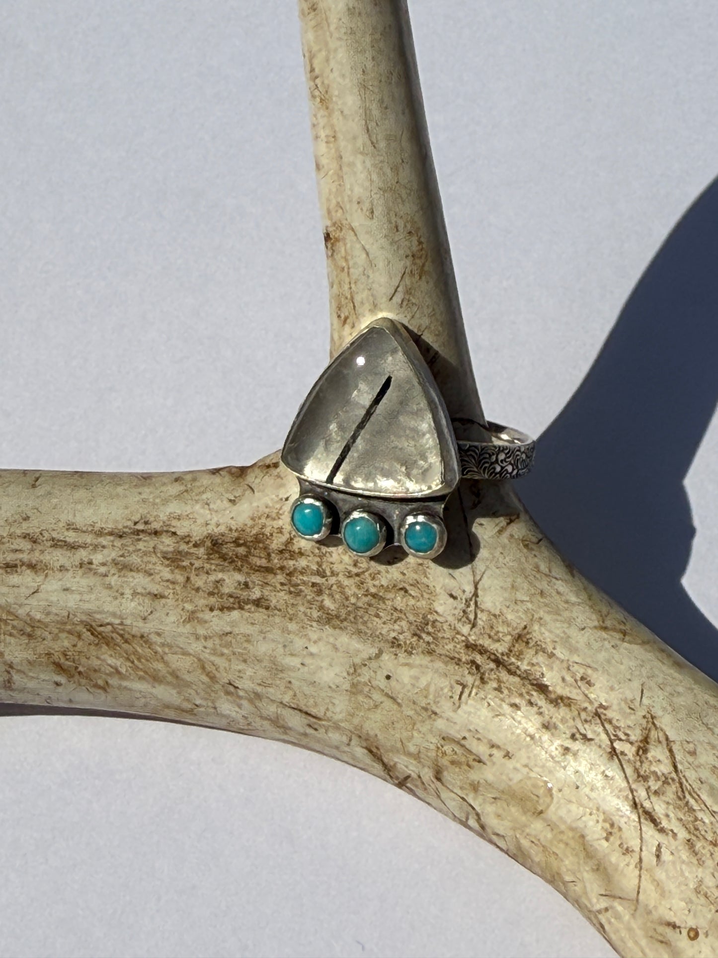 Earthline Ring: Sterling Silver & Tourmalinated Quartz & Kingman Turquoise - size 12
