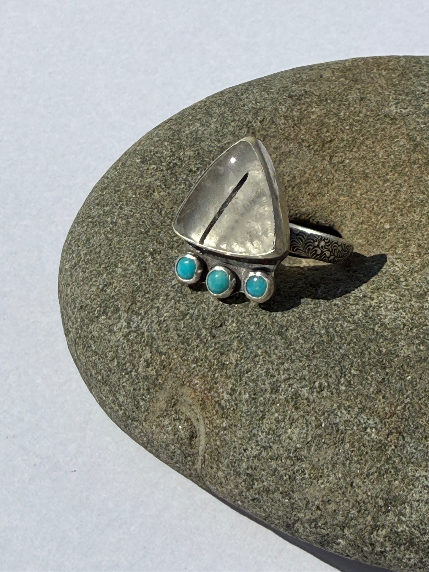 Earthline Ring: Sterling Silver & Tourmalinated Quartz & Kingman Turquoise - size 12