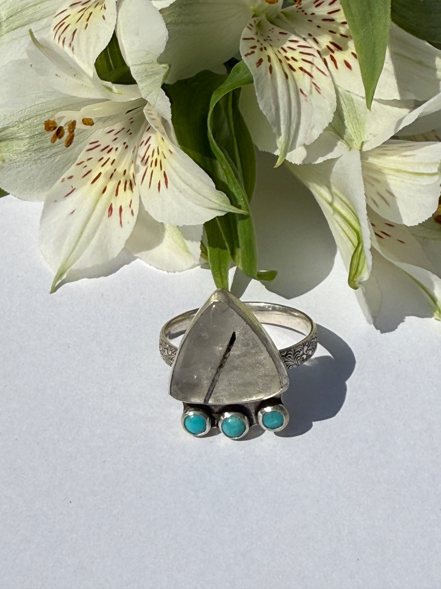 Earthline Ring: Sterling Silver & Tourmalinated Quartz & Kingman Turquoise - size 12