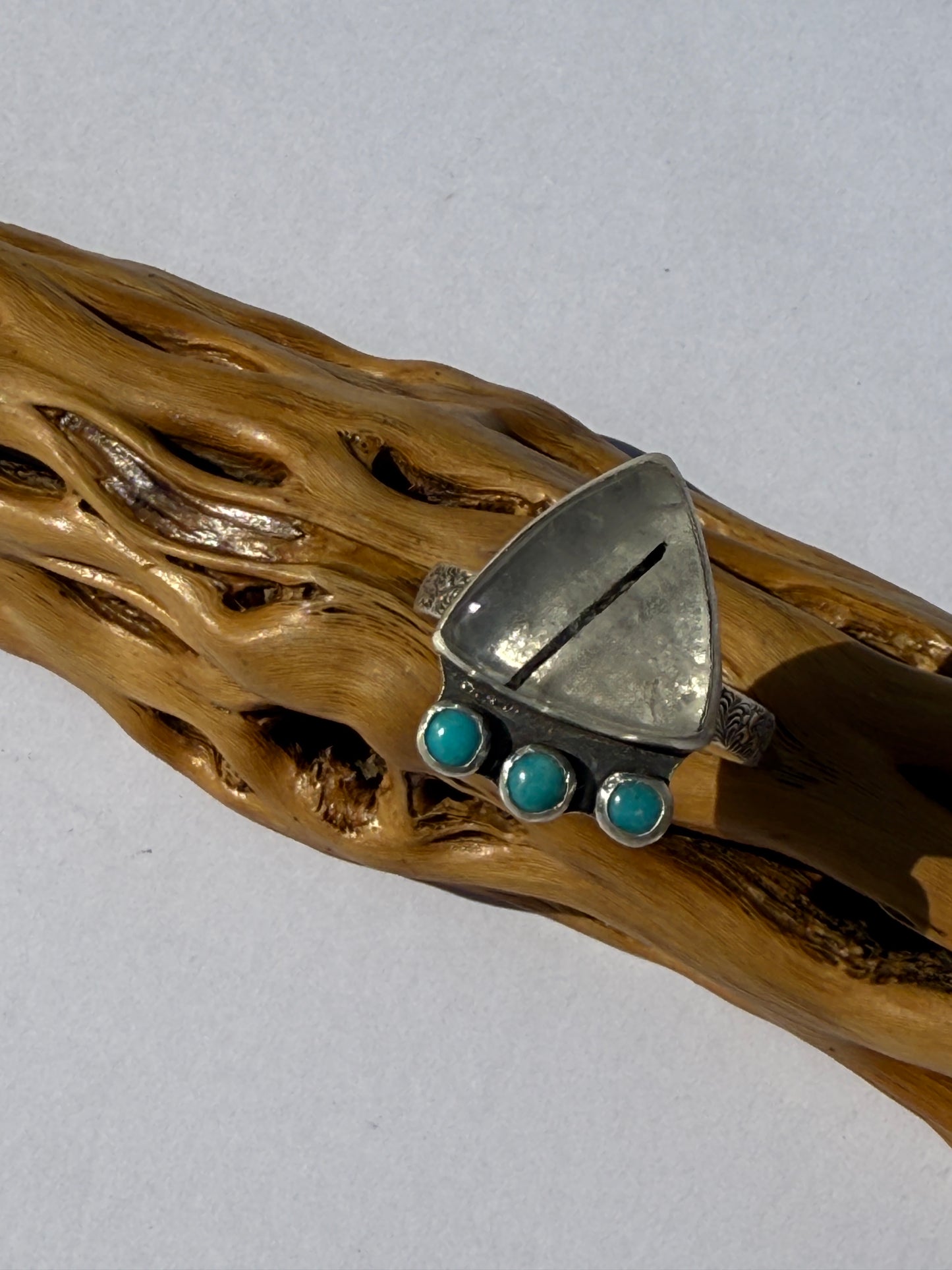 Earthline Ring: Sterling Silver & Tourmalinated Quartz & Kingman Turquoise - size 12