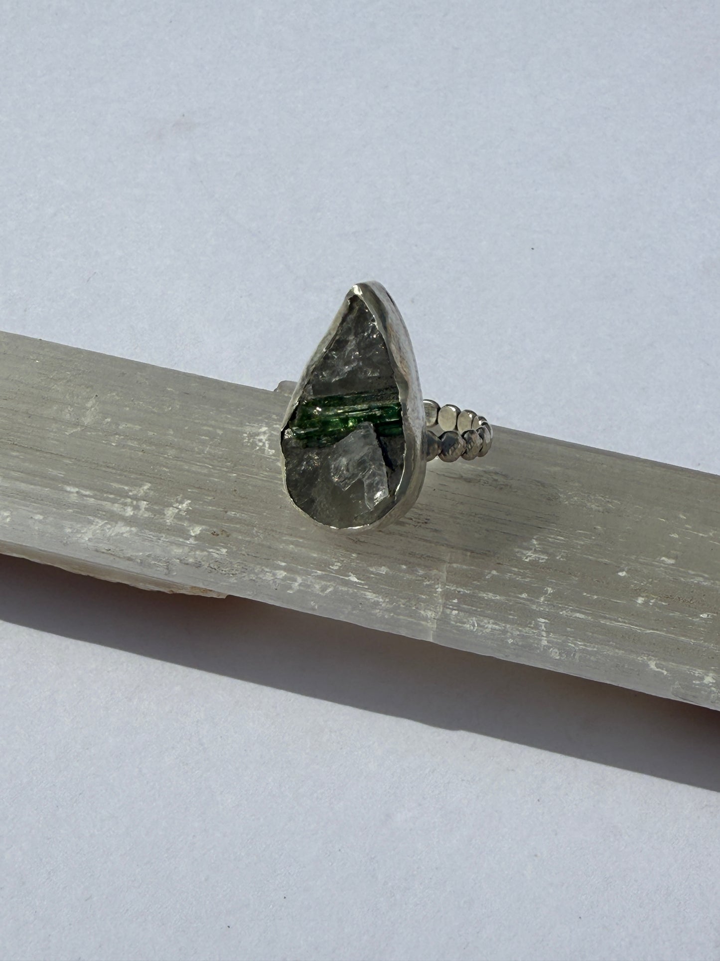 Wild Mountain Renewal Ring: Sterling Silver & Green Tourmaline in Quartz - size 8.5