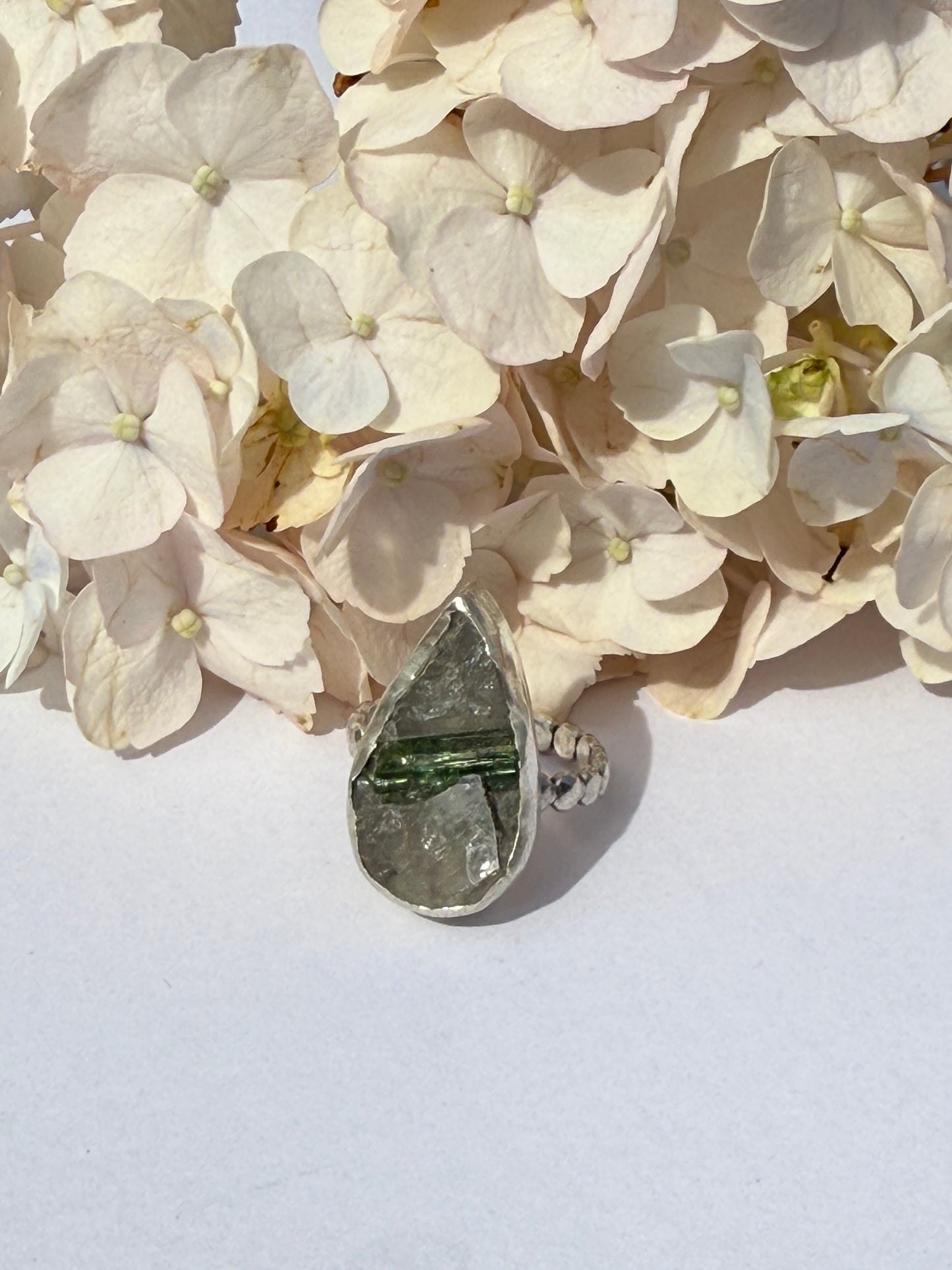 Wild Mountain Renewal Ring: Sterling Silver & Green Tourmaline in Quartz - size 8.5