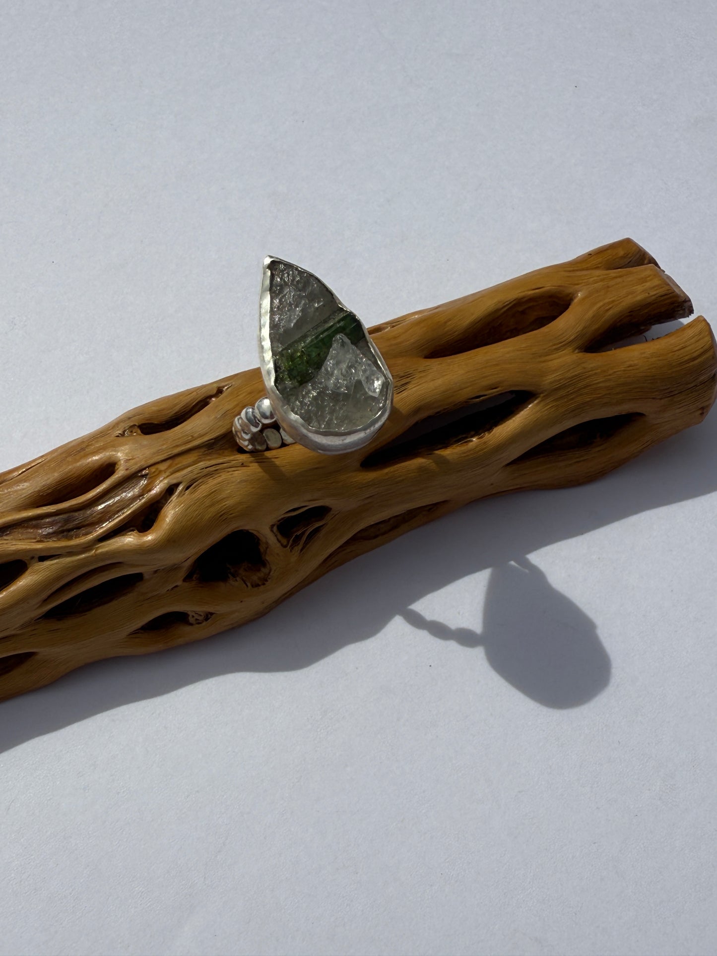 Wild Mountain Renewal Ring: Sterling Silver & Green Tourmaline in Quartz - size 8.5
