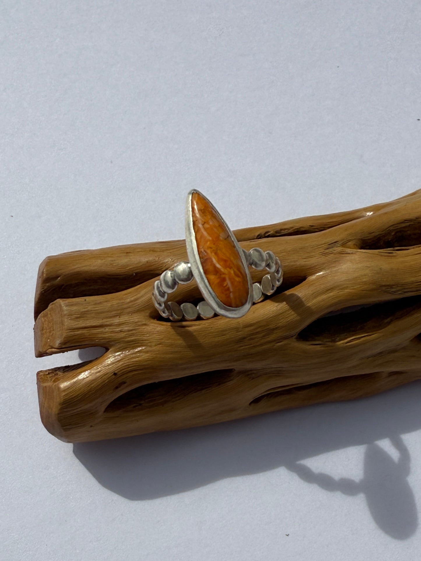 Sunfire Bloom Ring: Sterling Silver & Orange Spiny Oyster - size 7