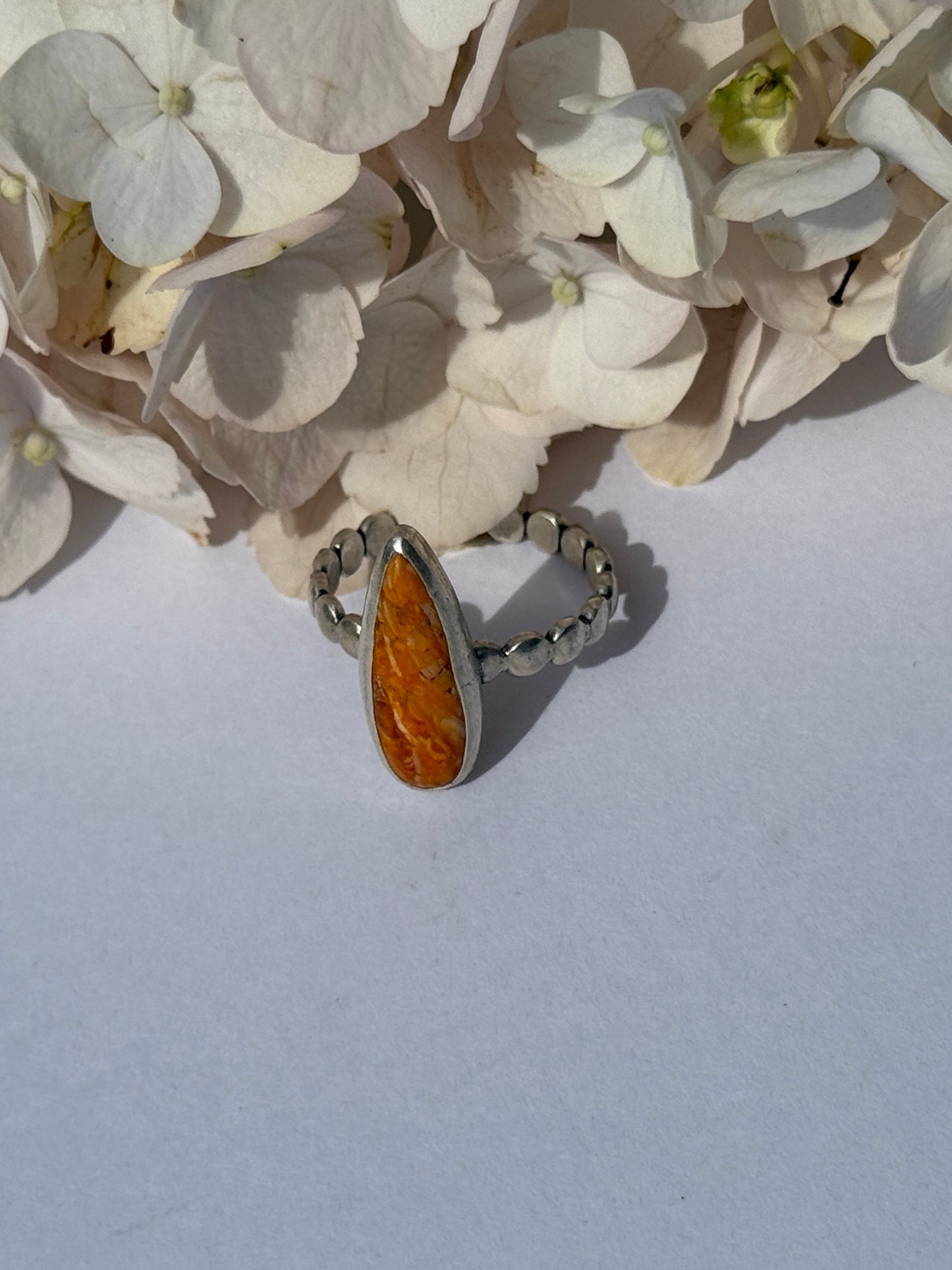 Sunfire Bloom Ring: Sterling Silver & Orange Spiny Oyster - size 7
