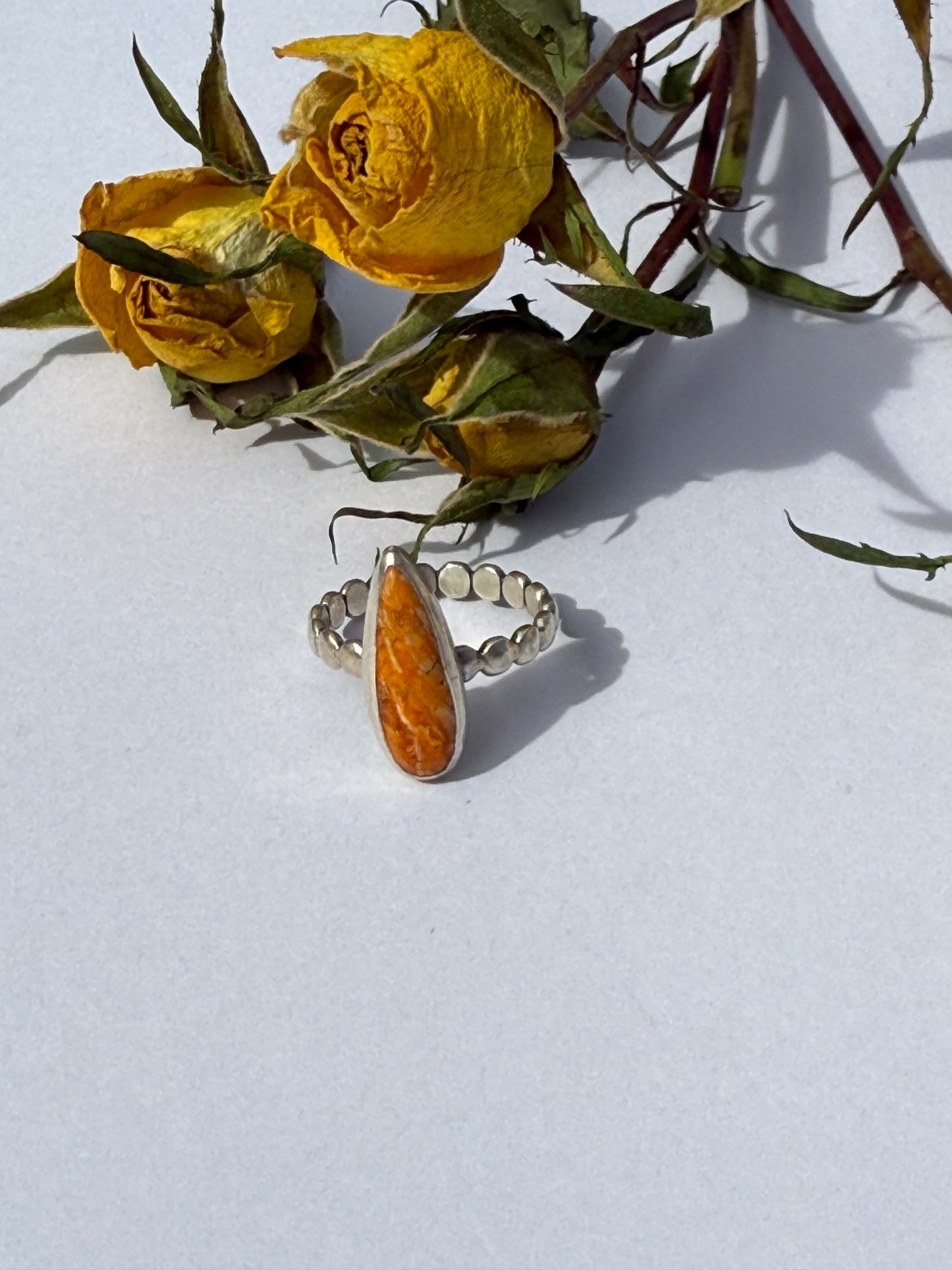 Sunfire Bloom Ring: Sterling Silver & Orange Spiny Oyster - size 7