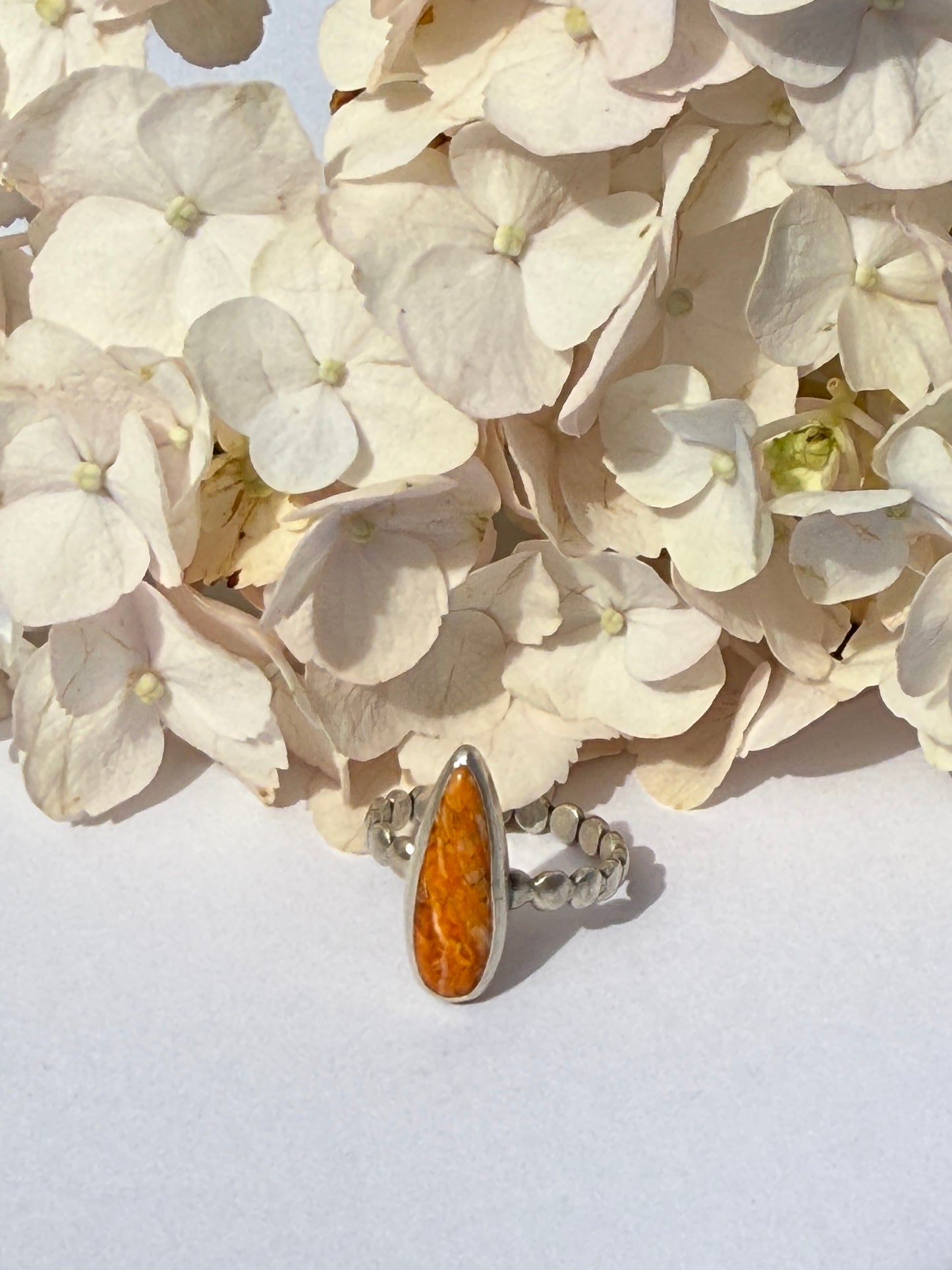 Sunfire Bloom Ring: Sterling Silver & Orange Spiny Oyster - size 7