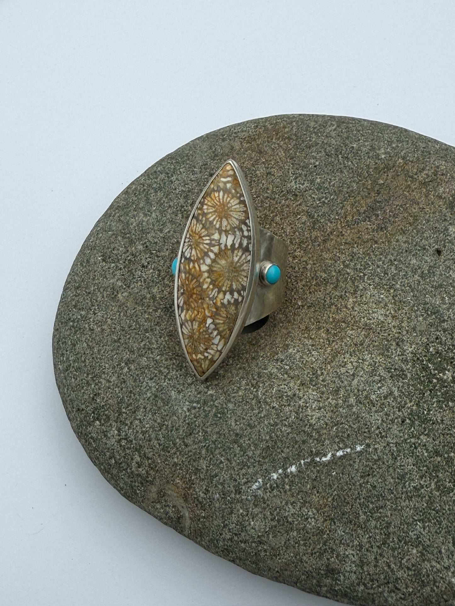 Ancient Shoreline Ring: Sterling Silver & Fossil Coral & Kingman Turquoise - size 9.25