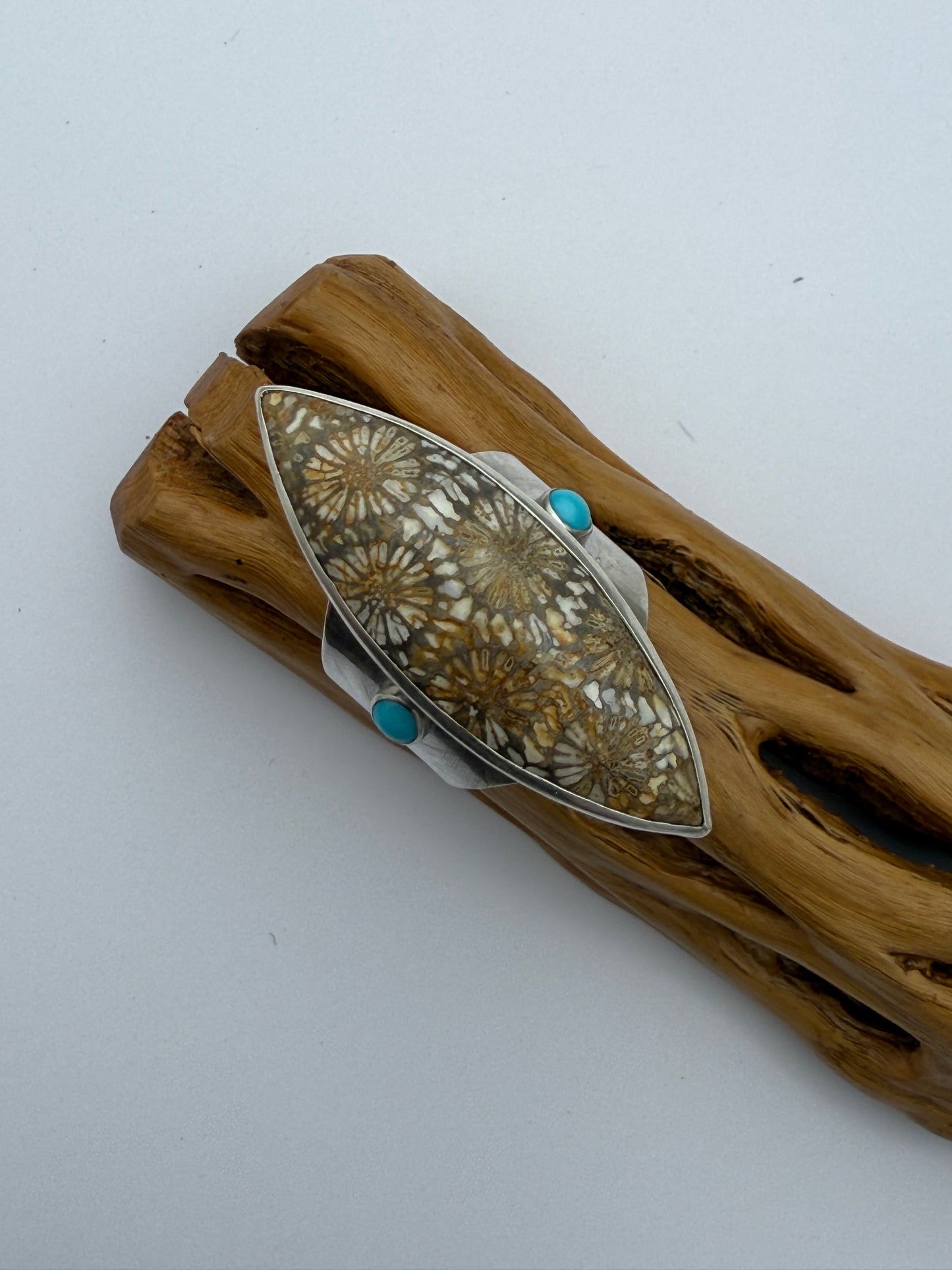 Ancient Shoreline Ring: Sterling Silver & Fossil Coral & Kingman Turquoise - size 9.25