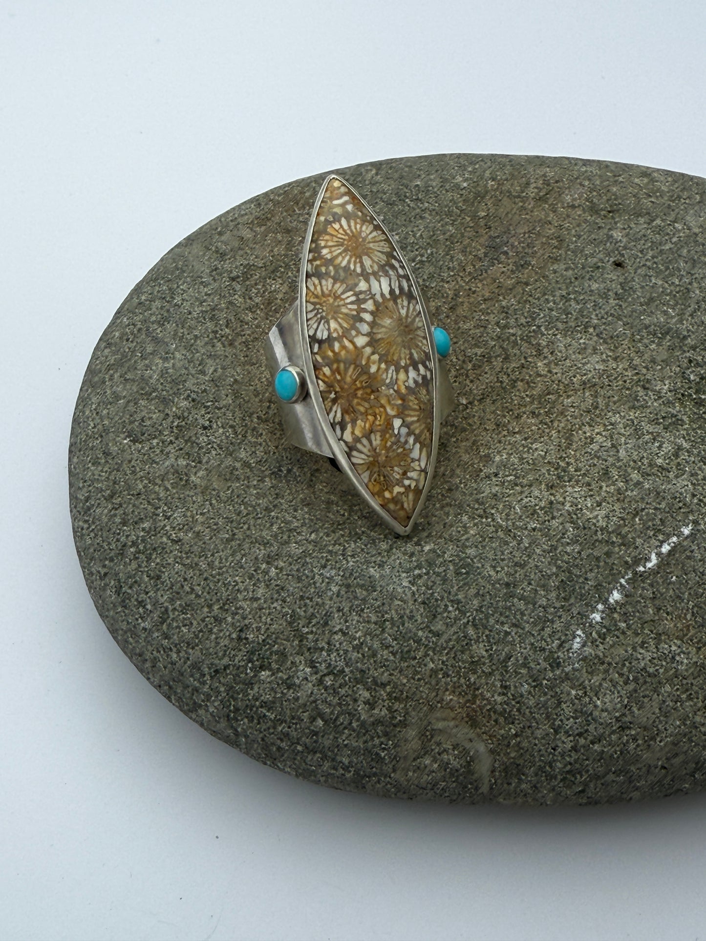 Ancient Shoreline Ring: Sterling Silver & Fossil Coral & Kingman Turquoise - size 9.25