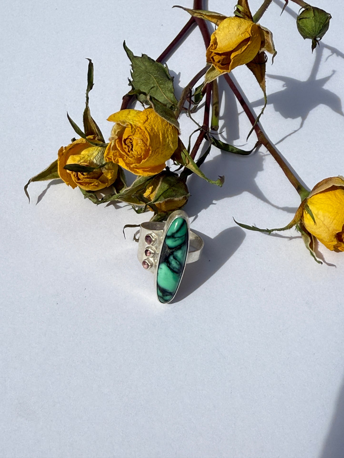 Blushing Oasis Ring - Desert Oasis Variscite & Pink Tourmaline - size 9.5