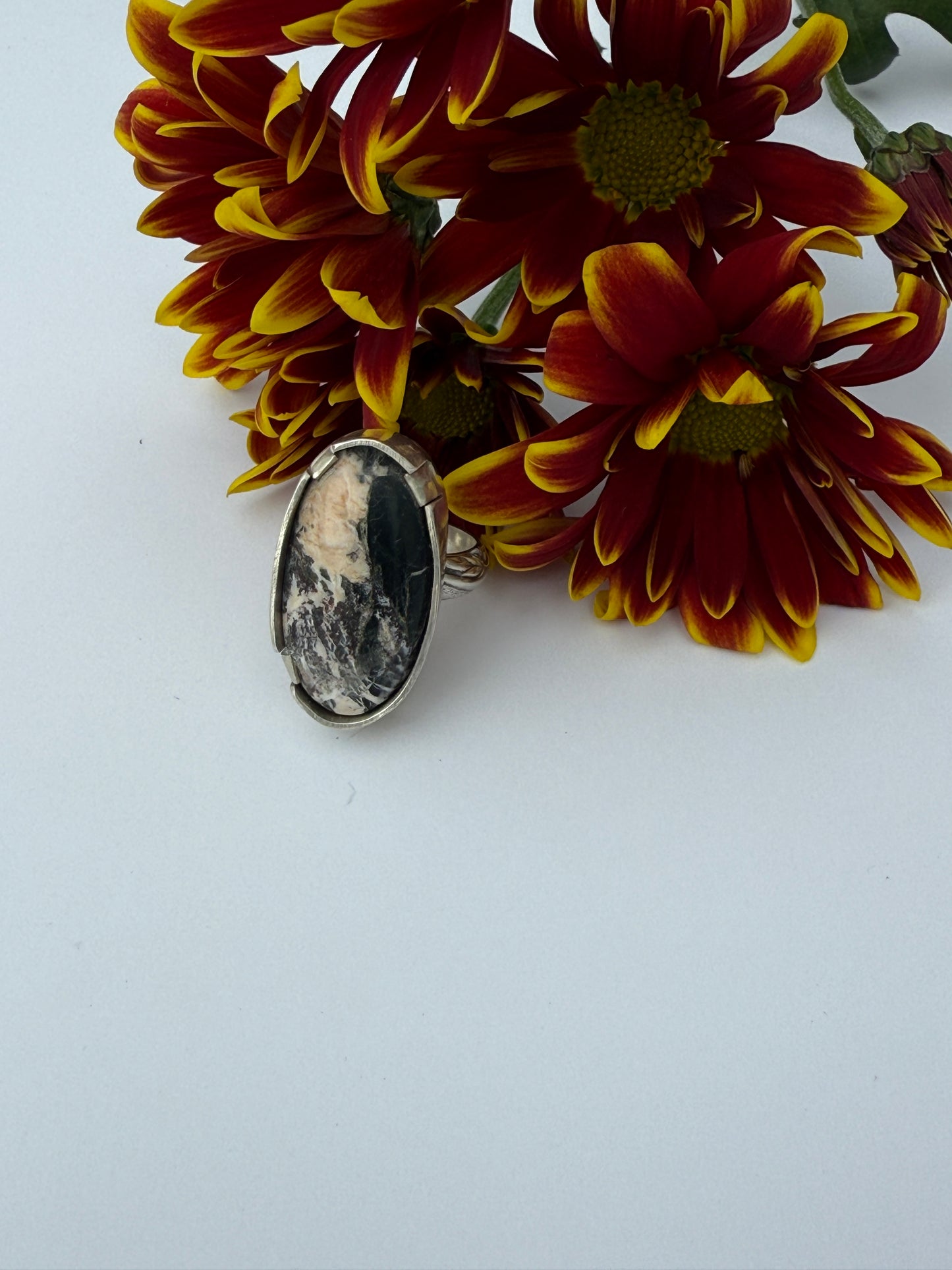 Snowcapped Reflection Ring: Sterling Silver & White Buffalo Turquoise - size 6.25