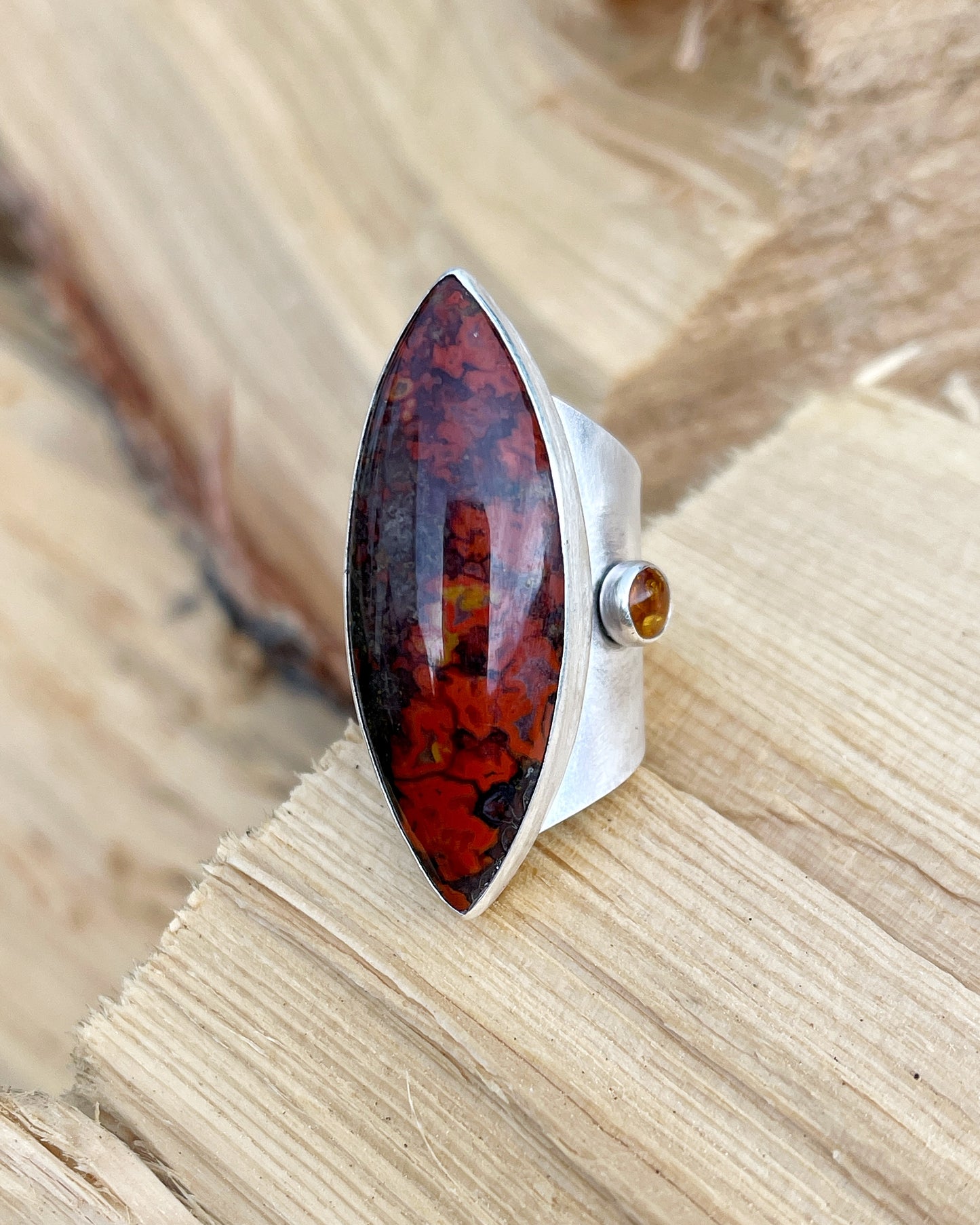 Golden Mesa Ring: Sterling Silver & Moroccan Seam Agate & Baltic Amber - size 6.5