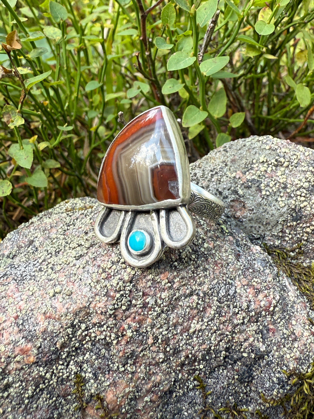 Desert Canyon Ring: Sterling Silver & Banded Agate & Kingman Turquoise - size 7.25