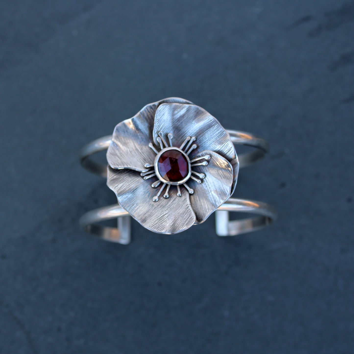 Wild Bloom Cuff: Sterling Silver and Hessonite Garnet Poppy