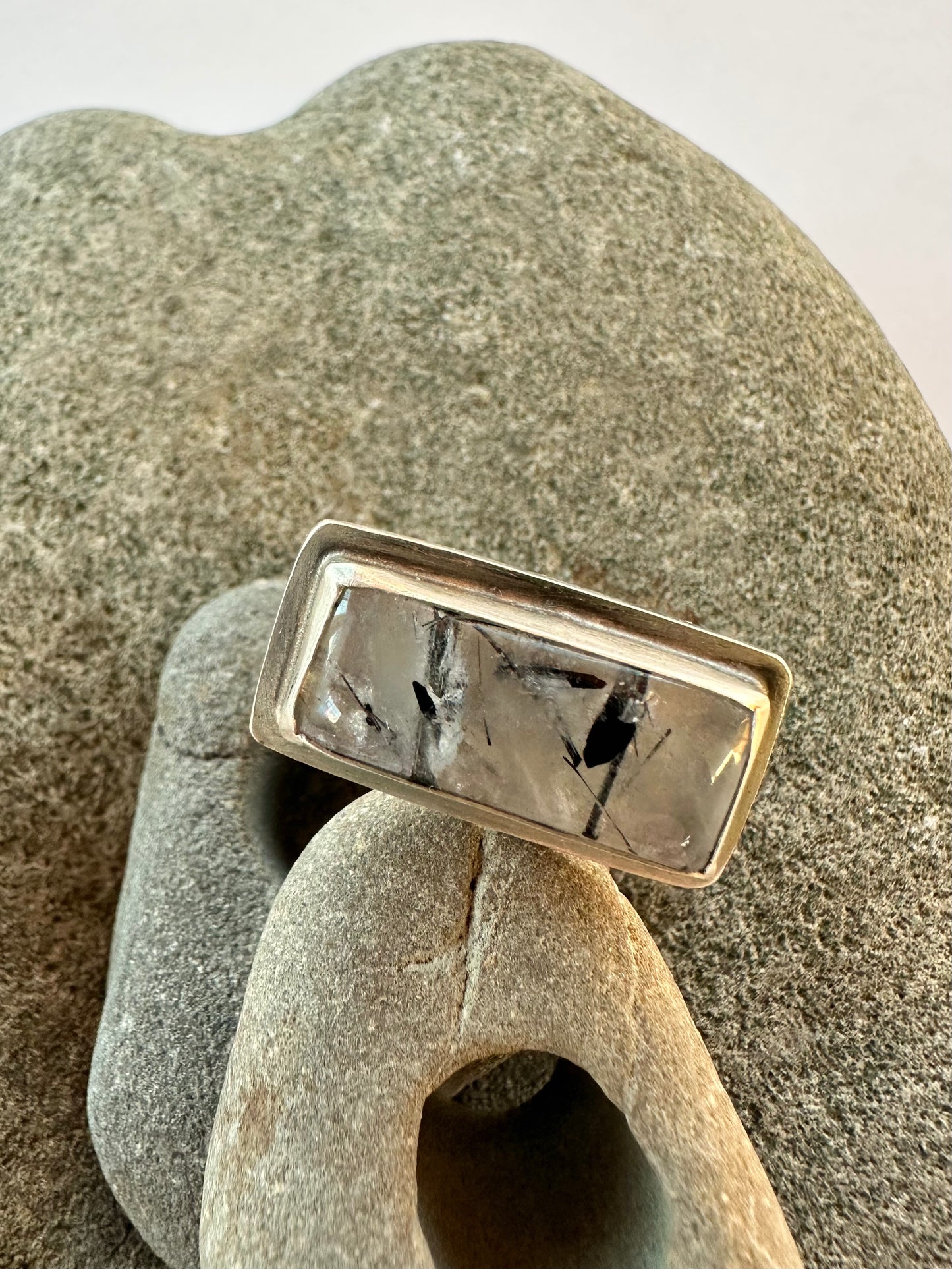 True Continuum Ring: Tourmaline in Quartz Bar Ring & Sterling Silver - size 11
