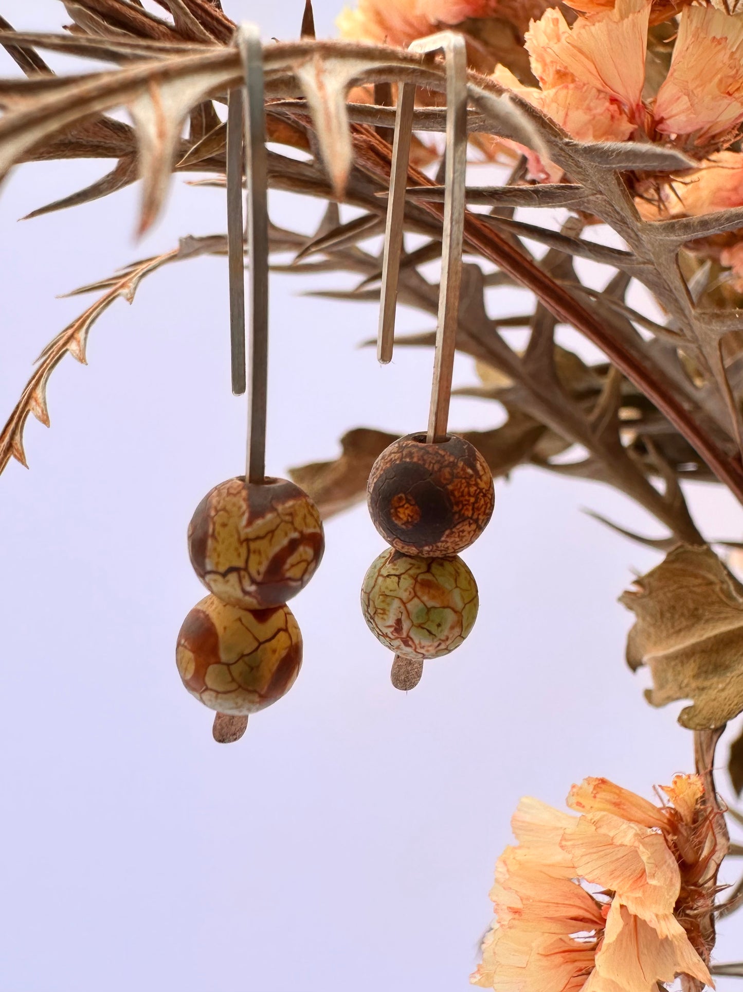 Enduring Thread Earrings: Sterling Silver & Argentium Wishbone Dzi Beads