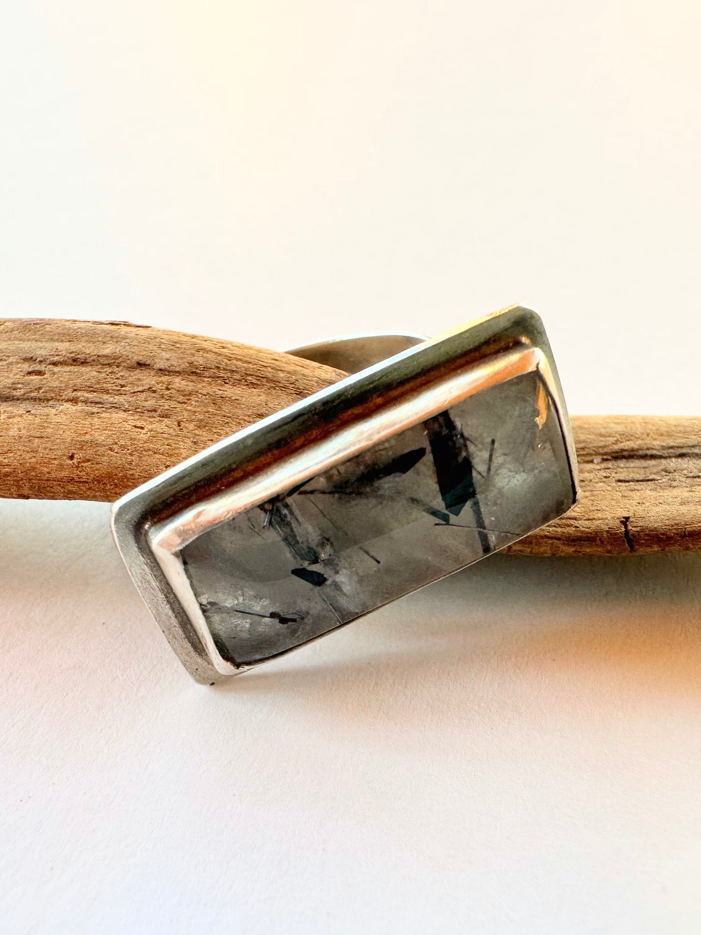 True Continuum Ring: Tourmaline in Quartz Bar Ring & Sterling Silver - size 11