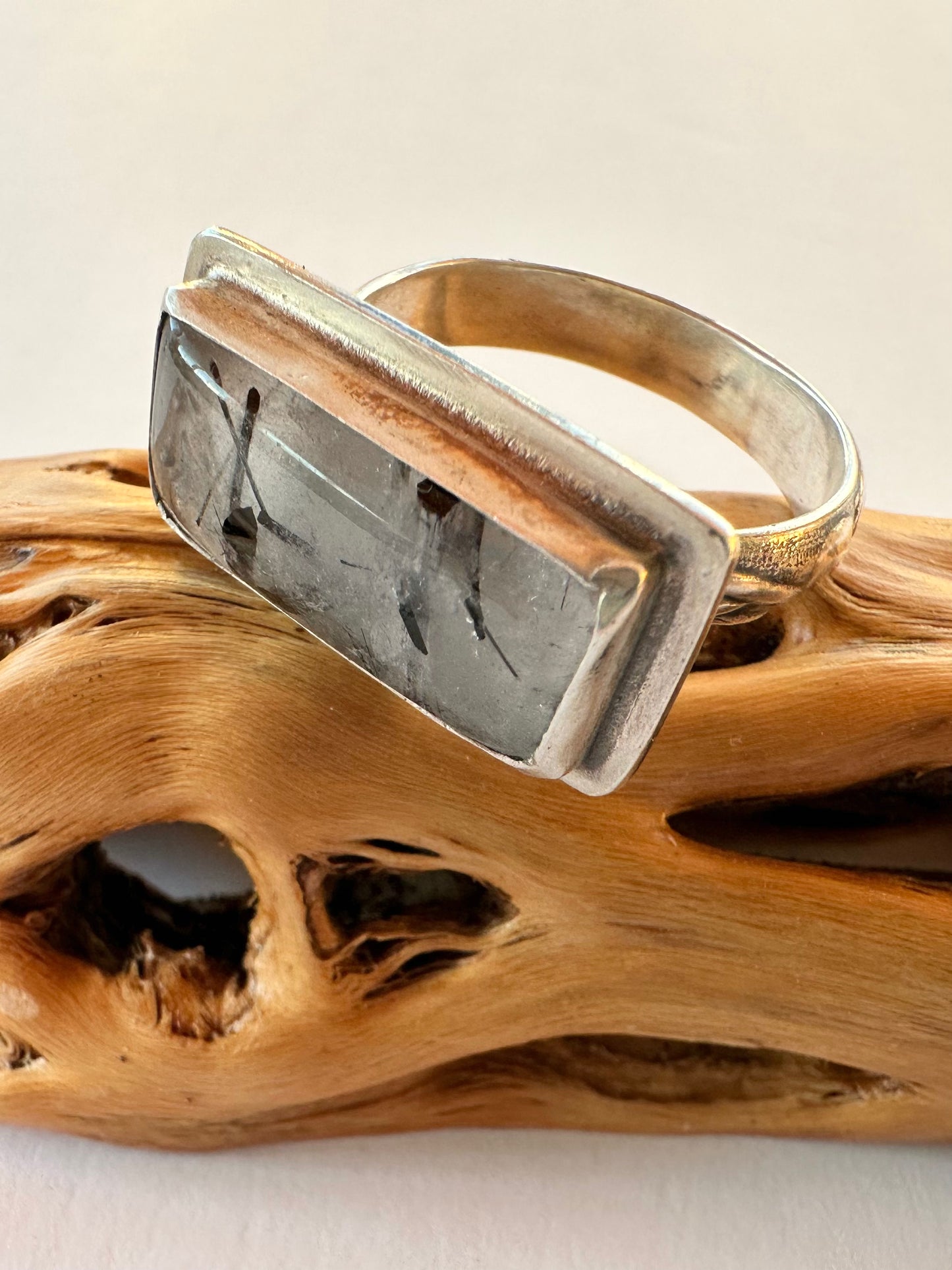 True Continuum Ring: Tourmaline in Quartz Bar Ring & Sterling Silver - size 11