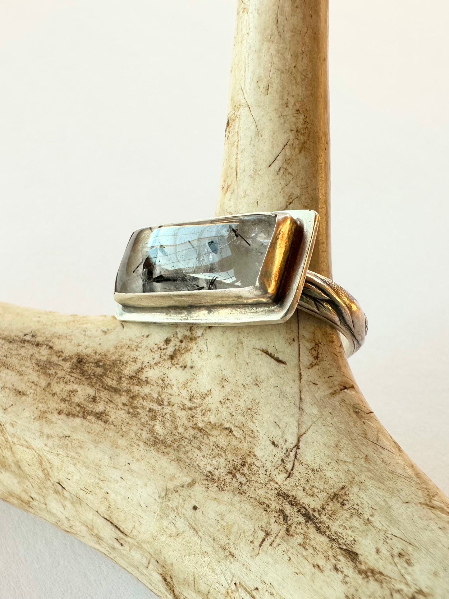 True Continuum Ring: Tourmaline in Quartz Bar Ring & Sterling Silver - size 11