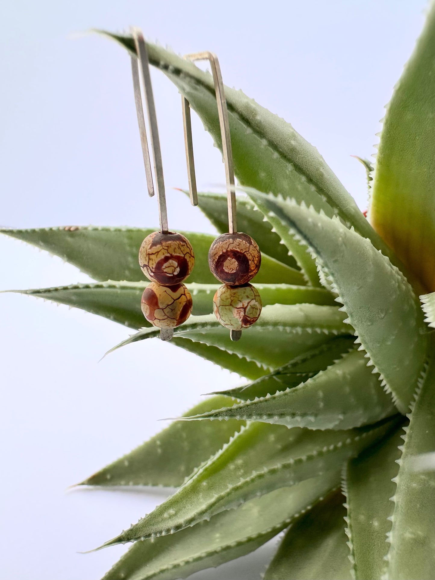 Enduring Thread Earrings: Sterling Silver & Argentium Wishbone Dzi Beads