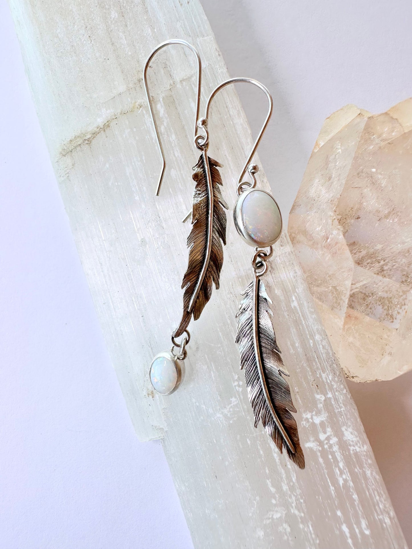 Luminous Path Feather Earrings: Sterling Silver & Australian Opal