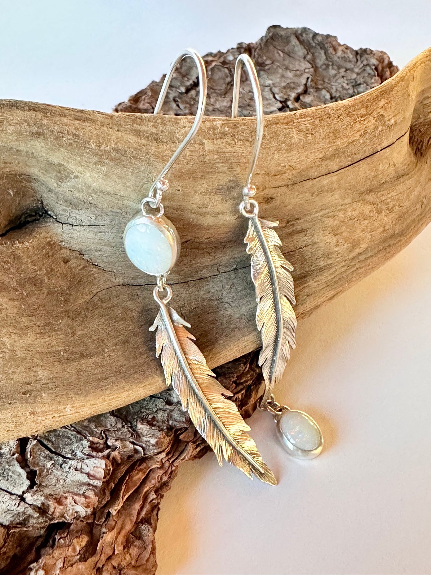 Luminous Path Feather Earrings: Sterling Silver & Australian Opal