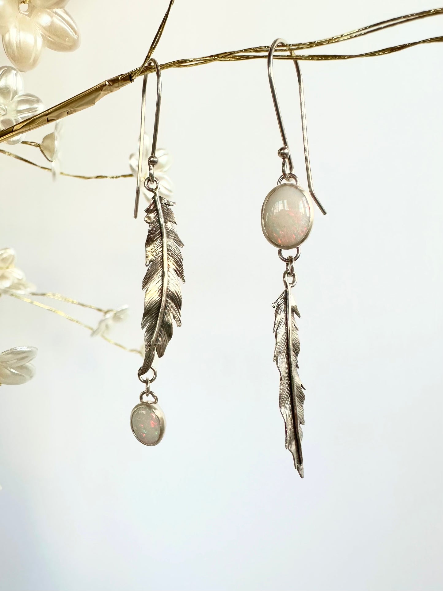 Luminous Path Feather Earrings: Sterling Silver & Australian Opal