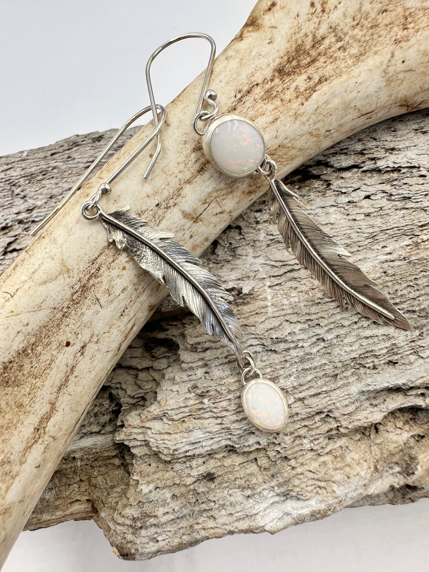 Luminous Path Feather Earrings: Sterling Silver & Australian Opal