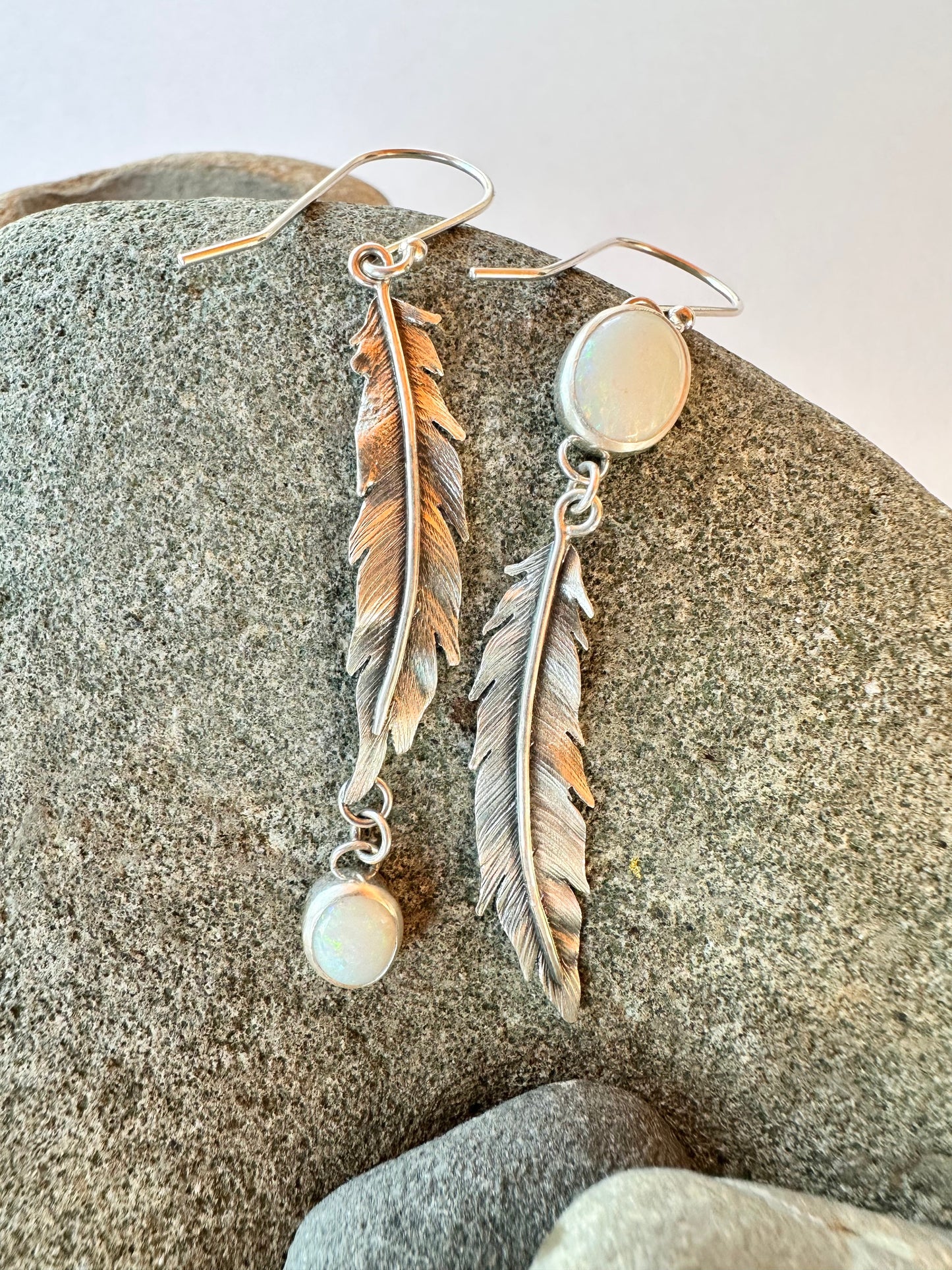 Luminous Path Feather Earrings: Sterling Silver & Australian Opal