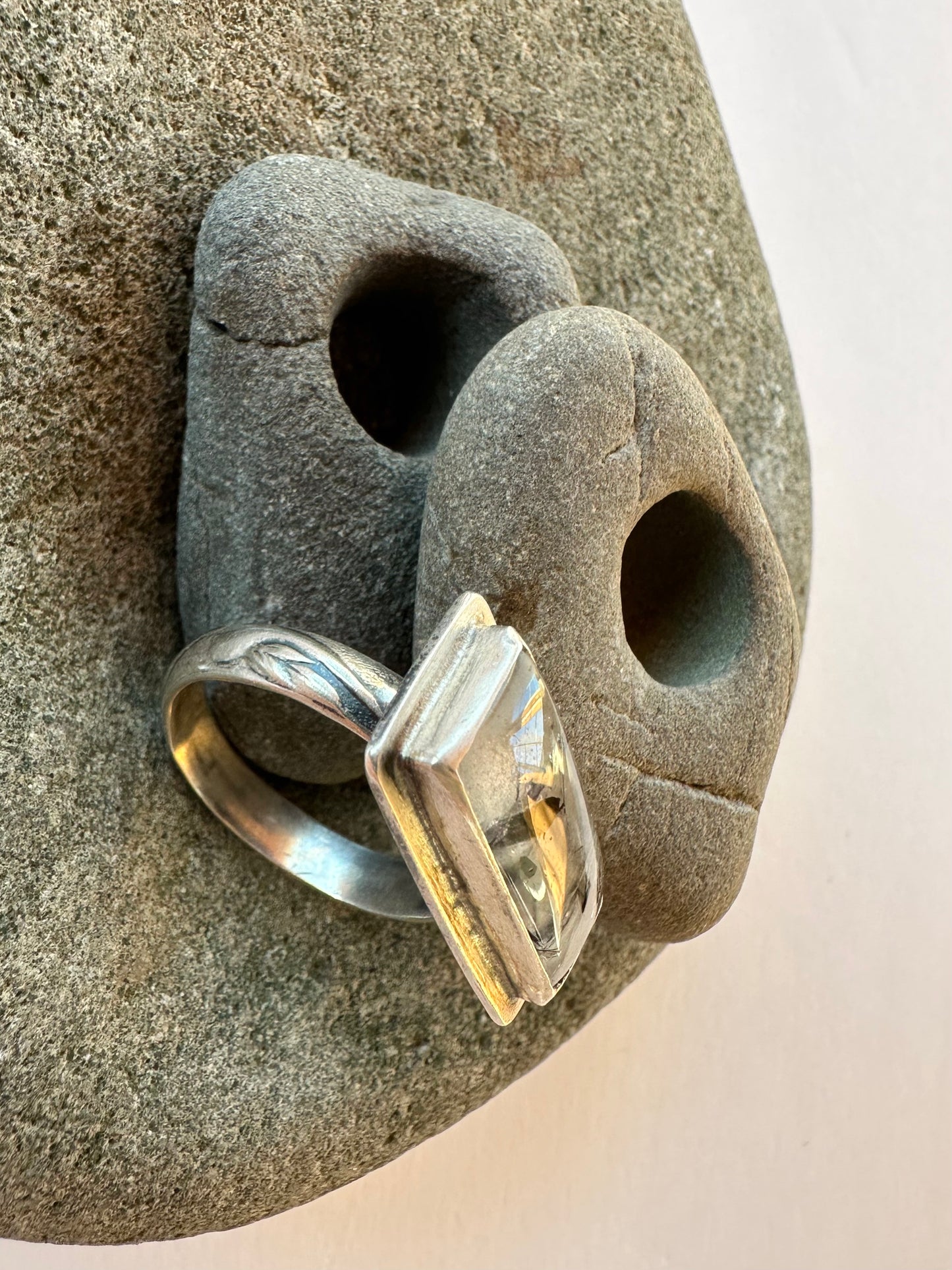 True Continuum Ring: Tourmaline in Quartz Bar Ring & Sterling Silver - size 11