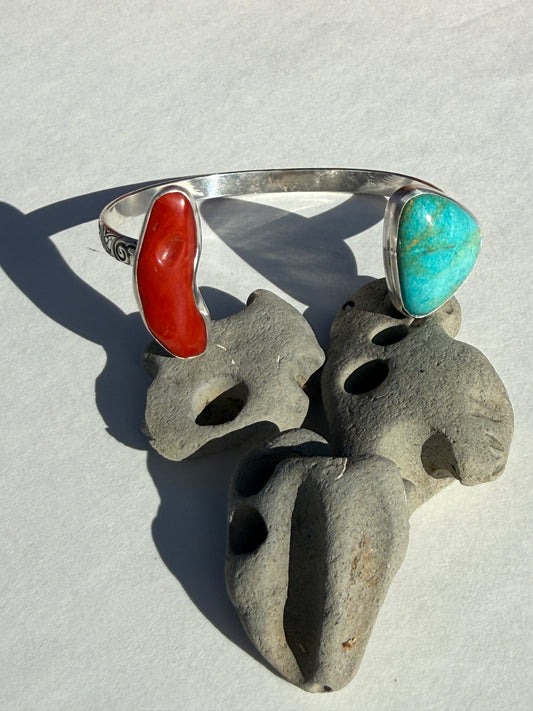 The Two Shores Union Cuff - Vintage Italian Red Coral and Turquoise