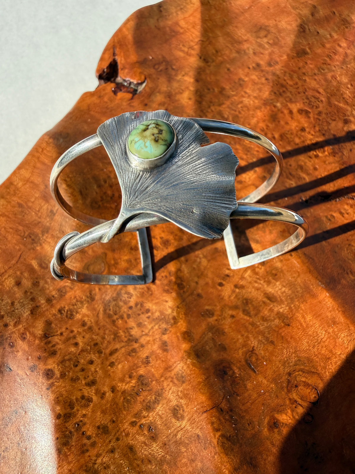 The Gilded Grove Cuff: Sterling Silver Gingko & Sonoran Lime Turquoise