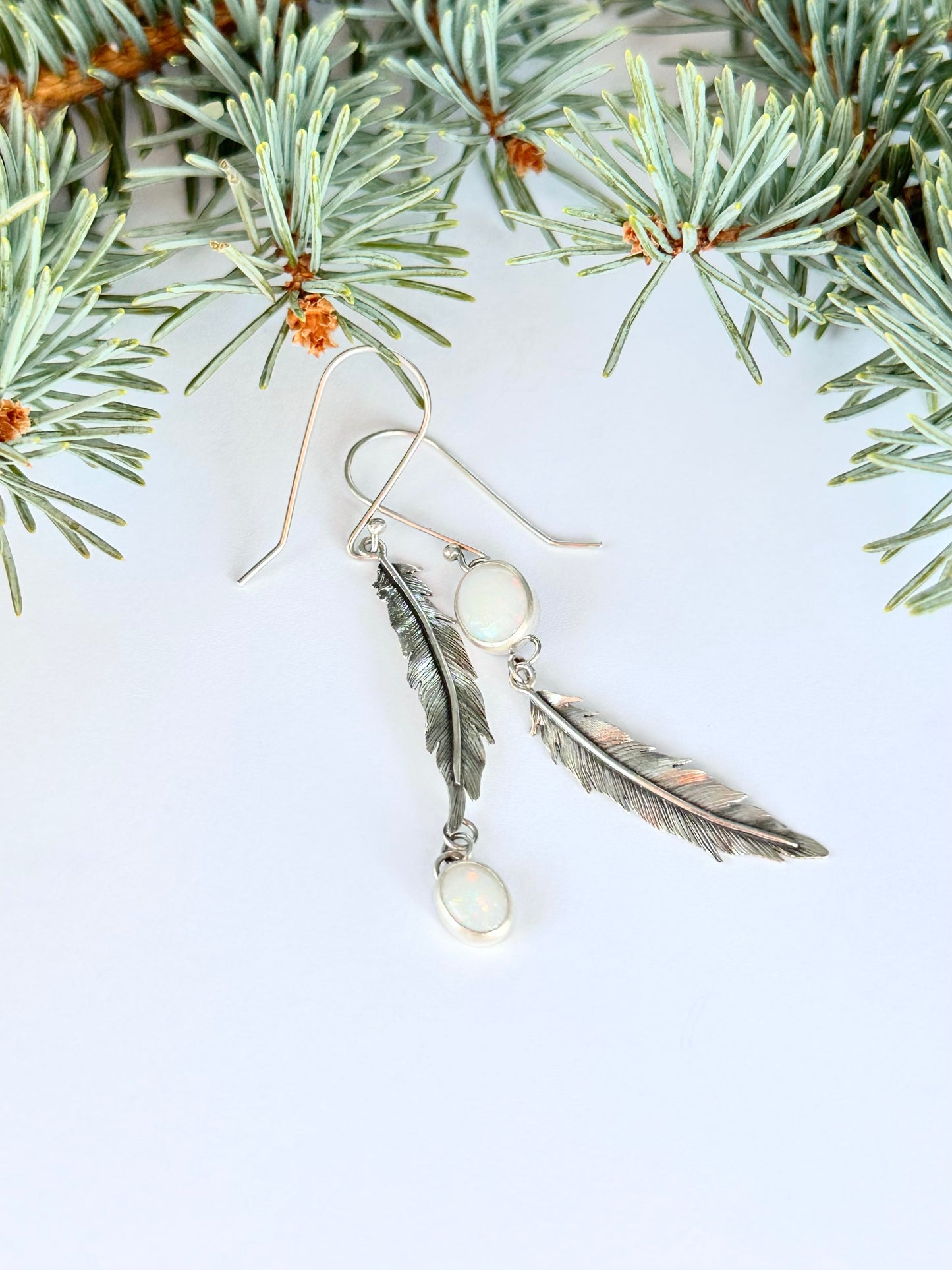 Luminous Path Feather Earrings: Sterling Silver & Australian Opal