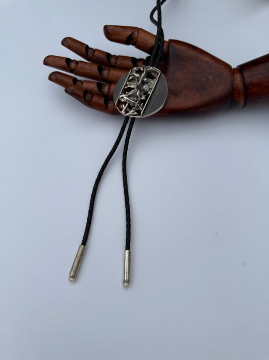 Moonlit Rugged Forest Bolo Tie: Sterling Silver & Freshwater Pearl