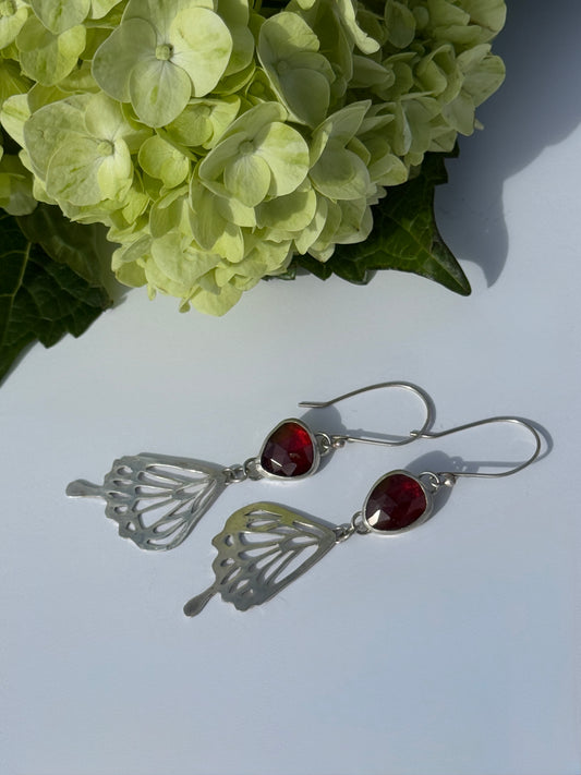 Crimson Wing Earrings: Sterling Silver Butterfly Wings & Hessonite Garnet