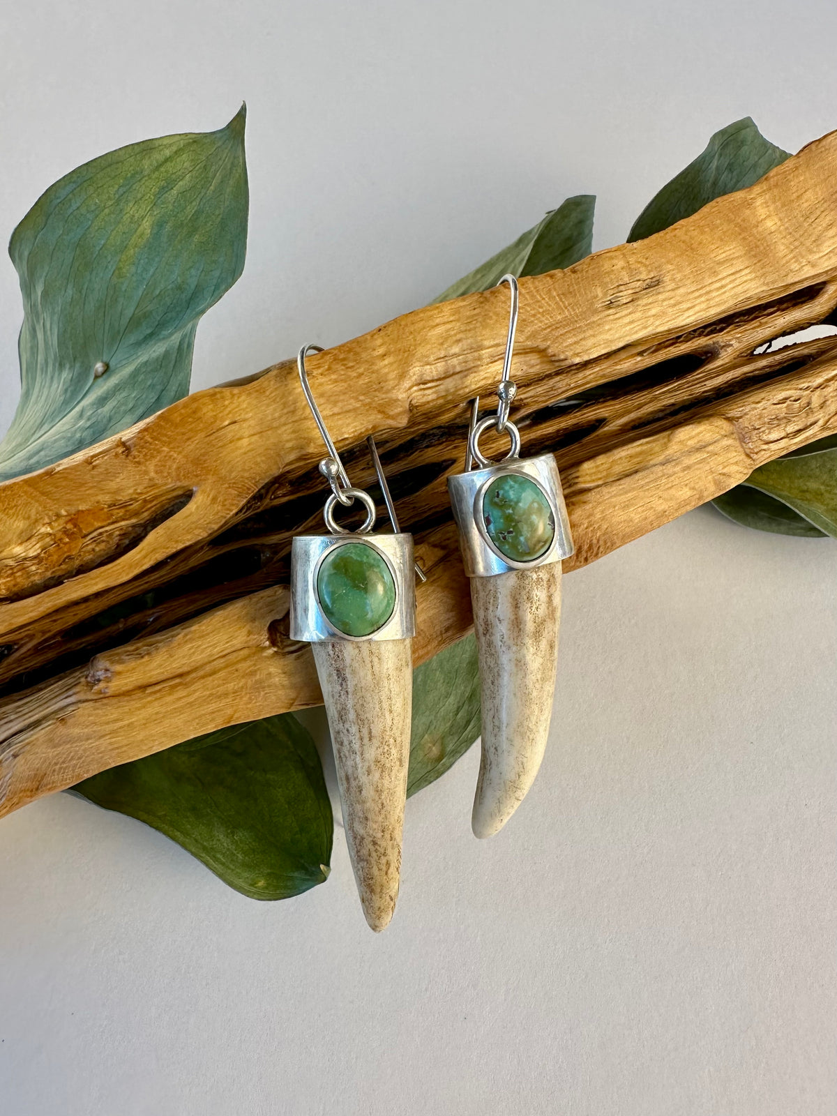 Wild Crown Earrings: Sonoran Lime Turquoise Antler & Sterling Silver