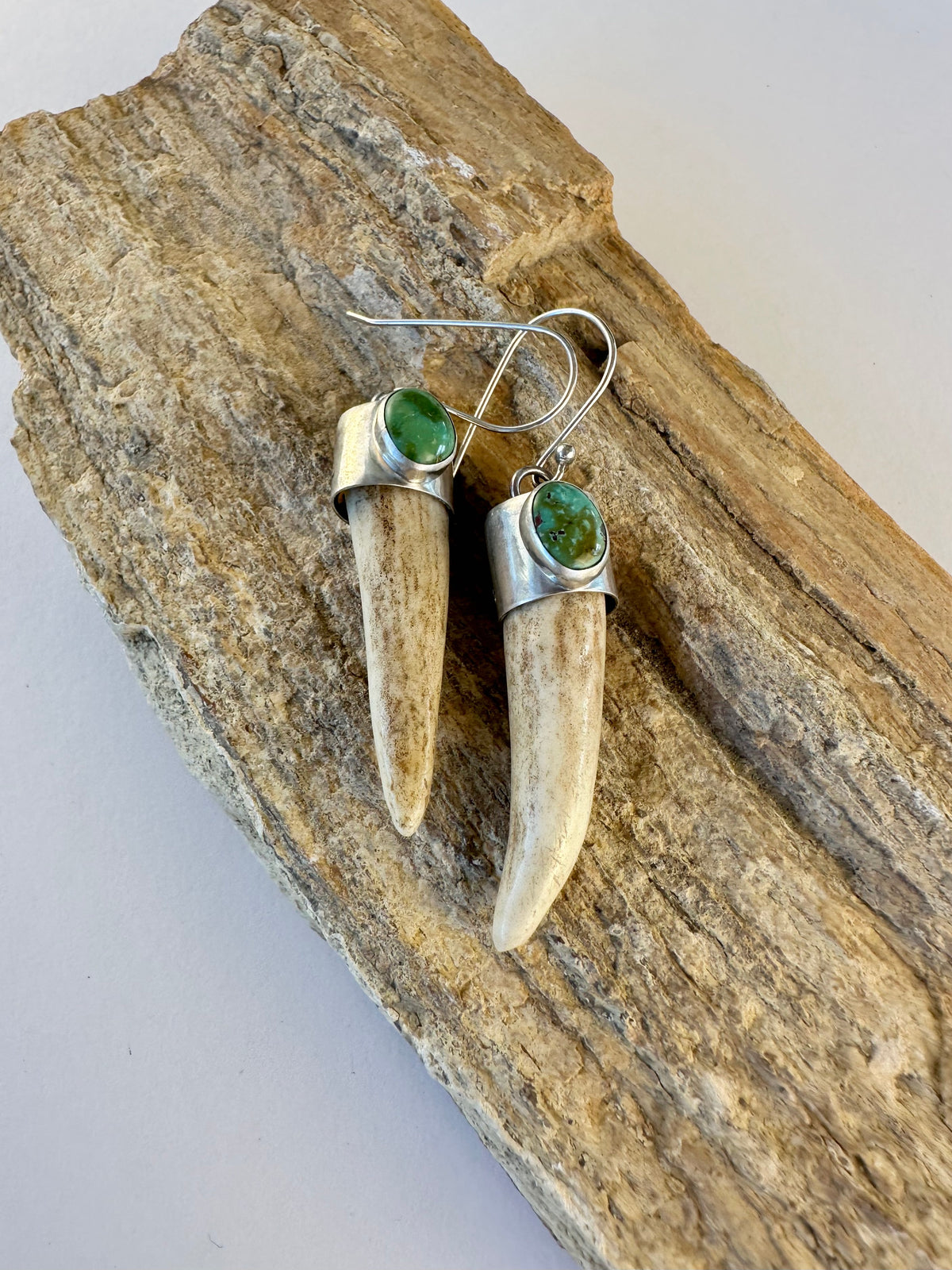 Wild Crown Earrings: Sonoran Lime Turquoise Antler & Sterling Silver