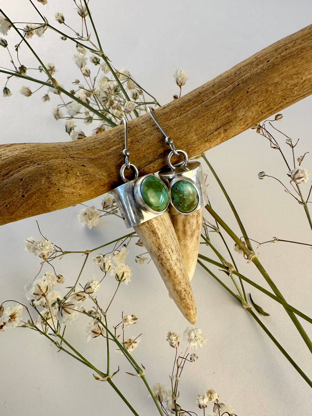 Wild Crown Earrings: Sonoran Lime Turquoise Antler & Sterling Silver