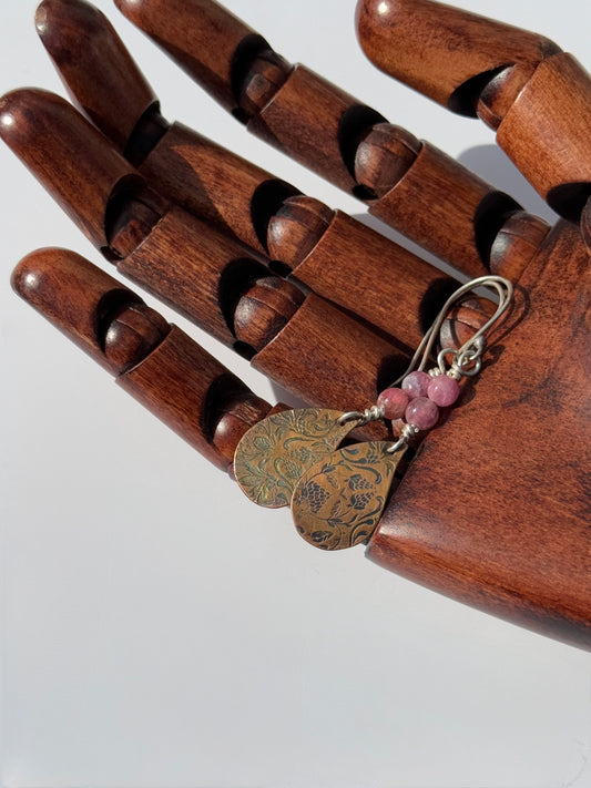 Copper Meadow Bloom Earrings: Copper Flower Imprint & Tourmaline