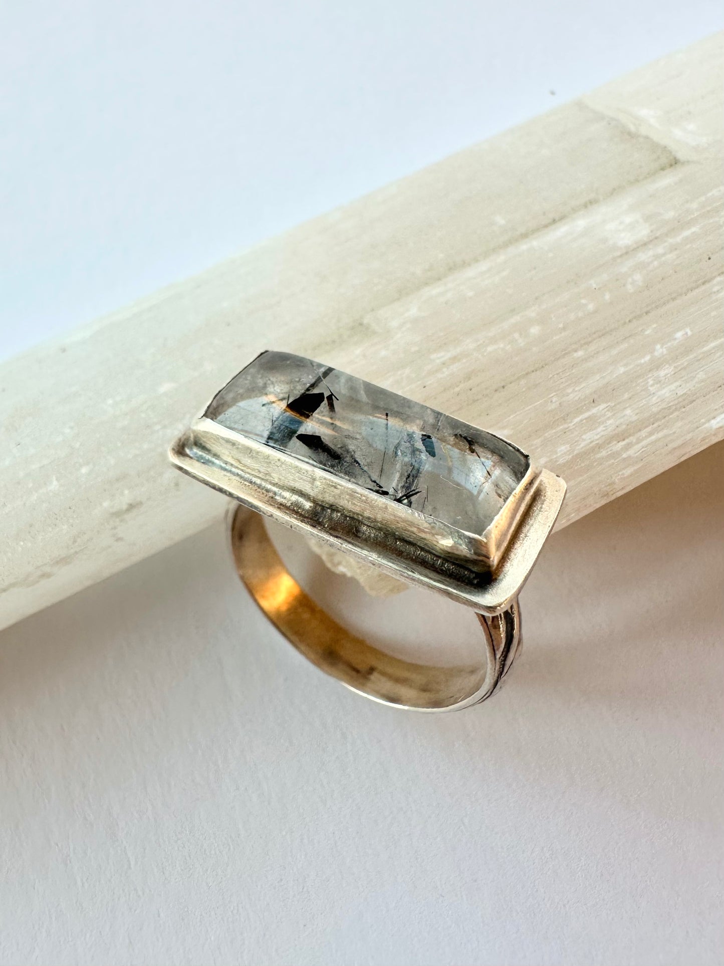 True Continuum Ring: Tourmaline in Quartz Bar Ring & Sterling Silver - size 11